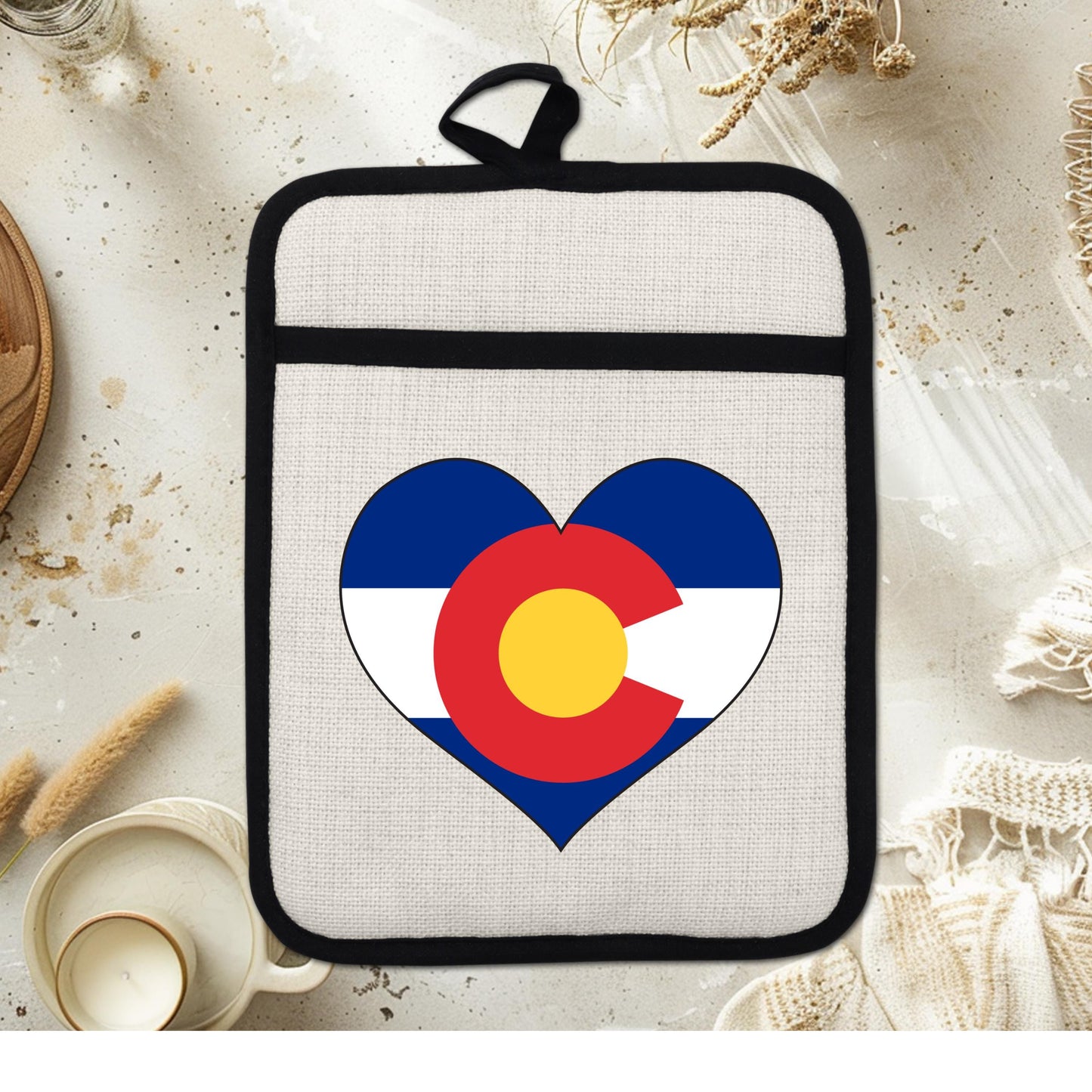 Colorado Heart Pot Holder – Silicone Pot Holder with Linen Front & Heat Resistant Trivet