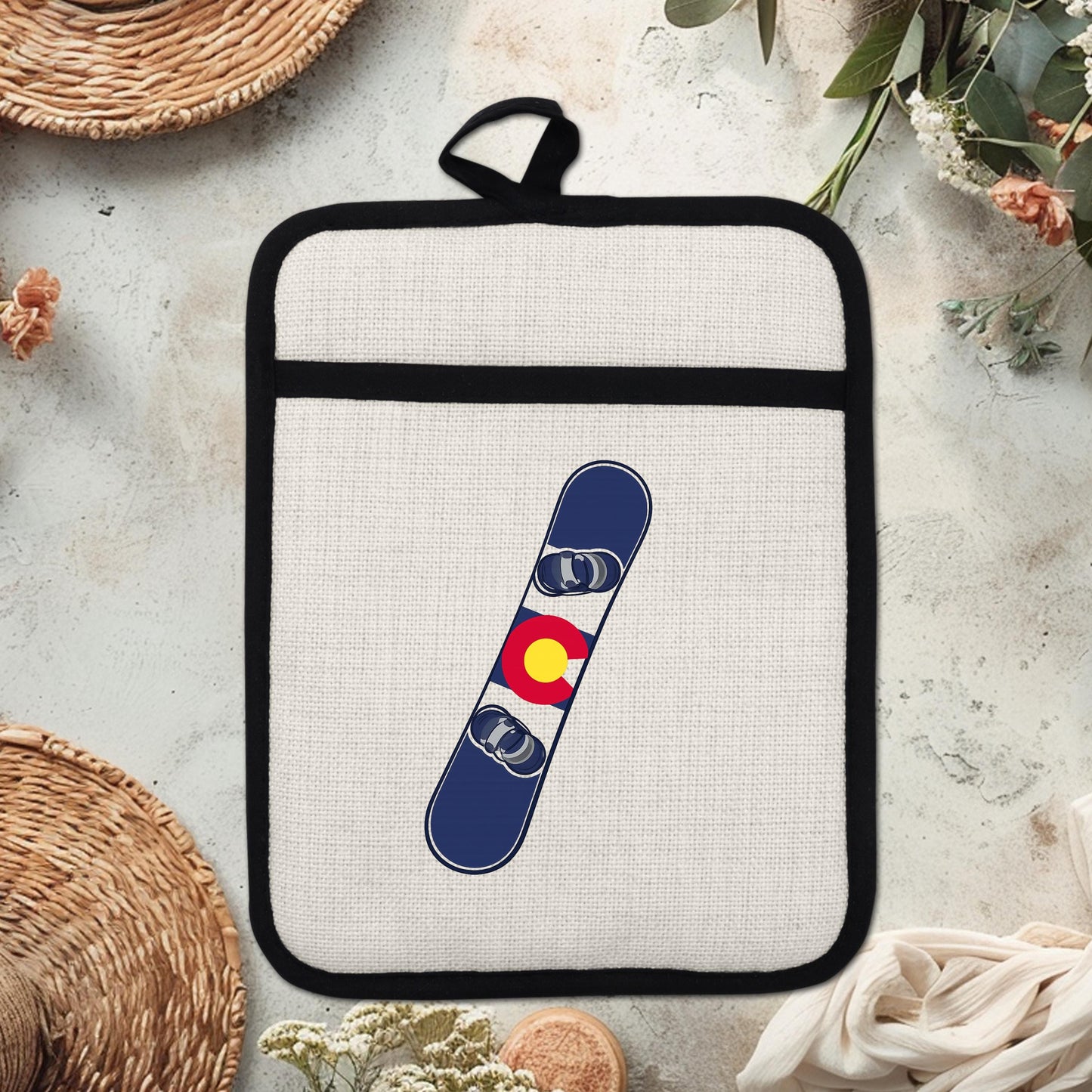 Snowboard Pot Holder - Colorado Flag Design | Linen Fabric & Silicone Backing Pad Trivet