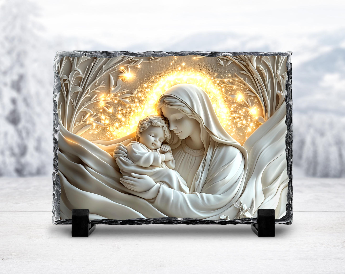 3D Mary and Baby Jesus Slate Plaque - with Fractured Edges  Gold Accents