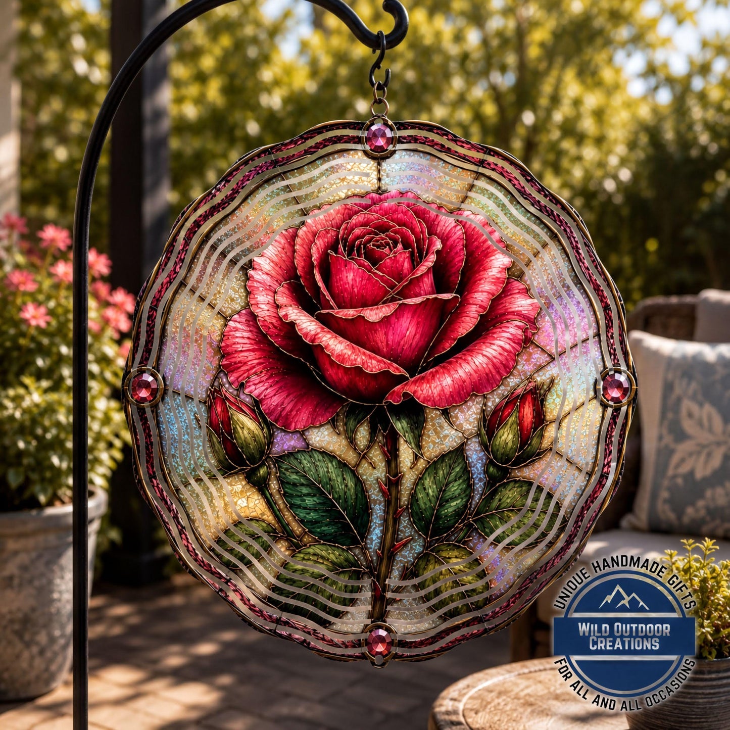 June Birth Flower Rose Wind Spinner 10 Inch Faux Stained Glass Metal Garden Decor