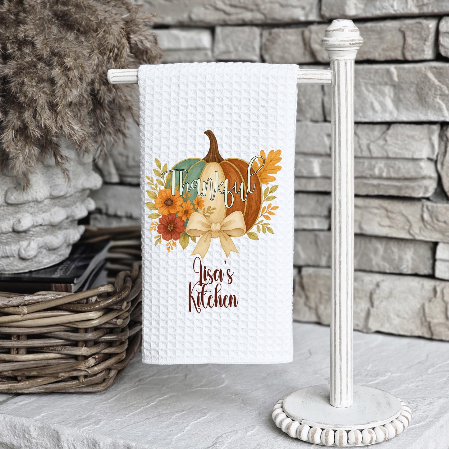 Floral Pumpkin Kitchen Towel with Waffle Weave  Coquette Bow for Thanksgiving Decor