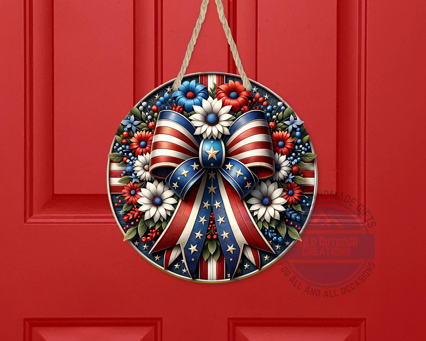 Patriotic Door Hanger – Aluminum Door Sign with American Flag Bow & Floral Design