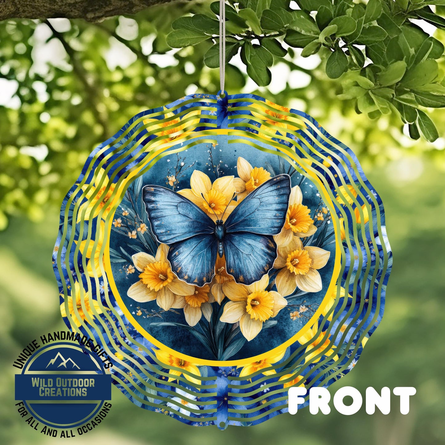 Daffodil Wind Spinner – Blue Butterfly Garden Decor, 10-Inch Aluminum Outdoor