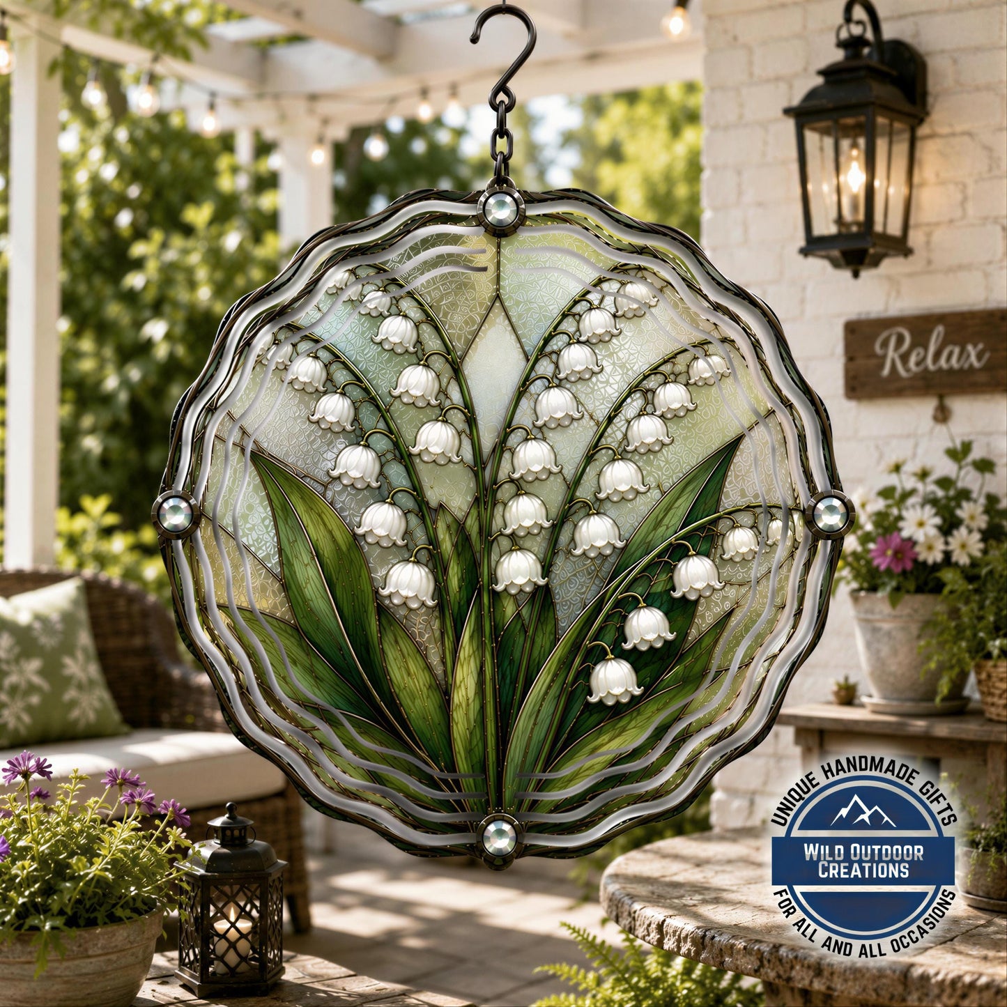 May Birth Flower Lily of the Valley Wind Spinner 10 Inch Faux Stained Glass Decor