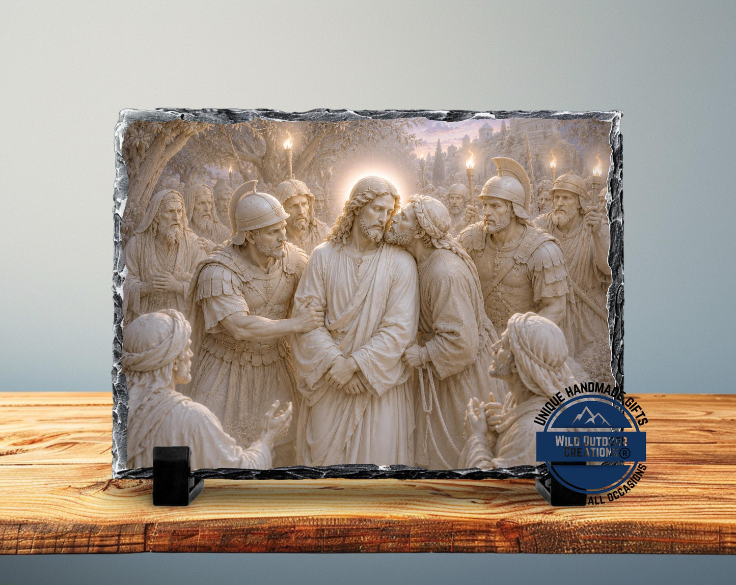 Betrayal of Jesus Slate Plaque, Judas Kiss Religious Wall Decor, Christian Easter Gift