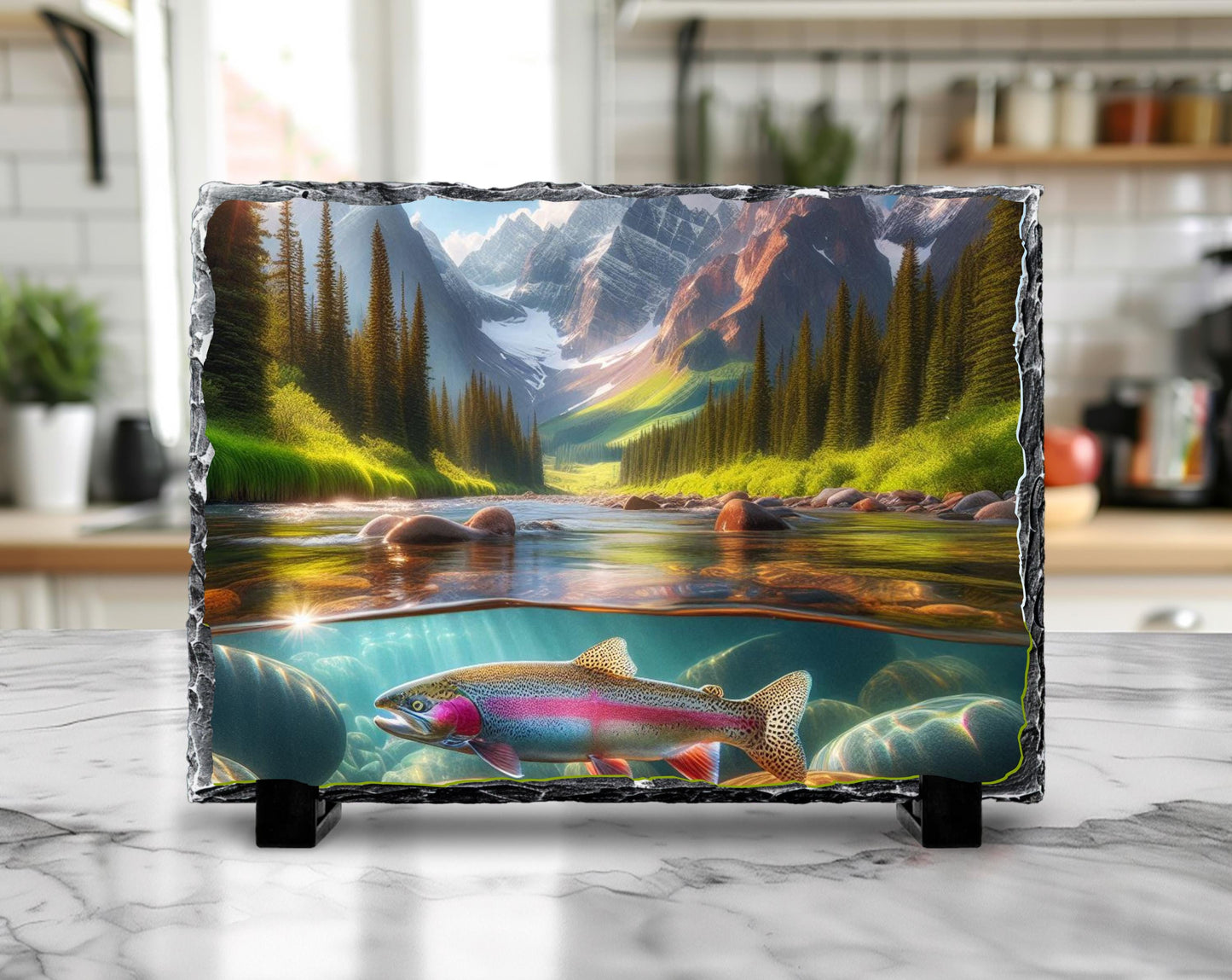 Nature-Inspired Slate Art featuring Rainbow Trout  Rustic Mountain Stream Wall Decor for Outdoor Enthusiasts