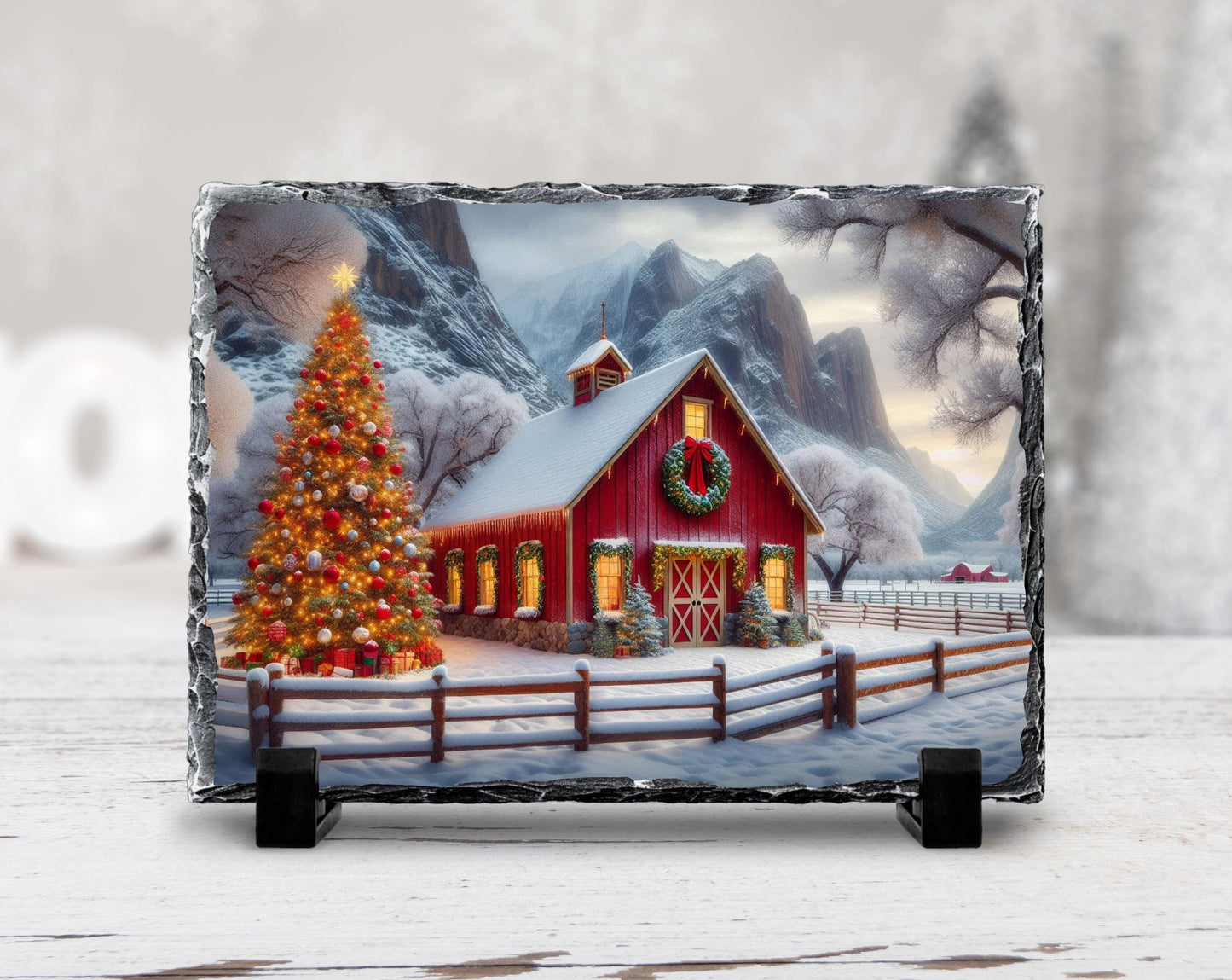Rustic Slate Plaque with Christmas Barn Scene Tree  Wreath  Perfect Holiday Gift