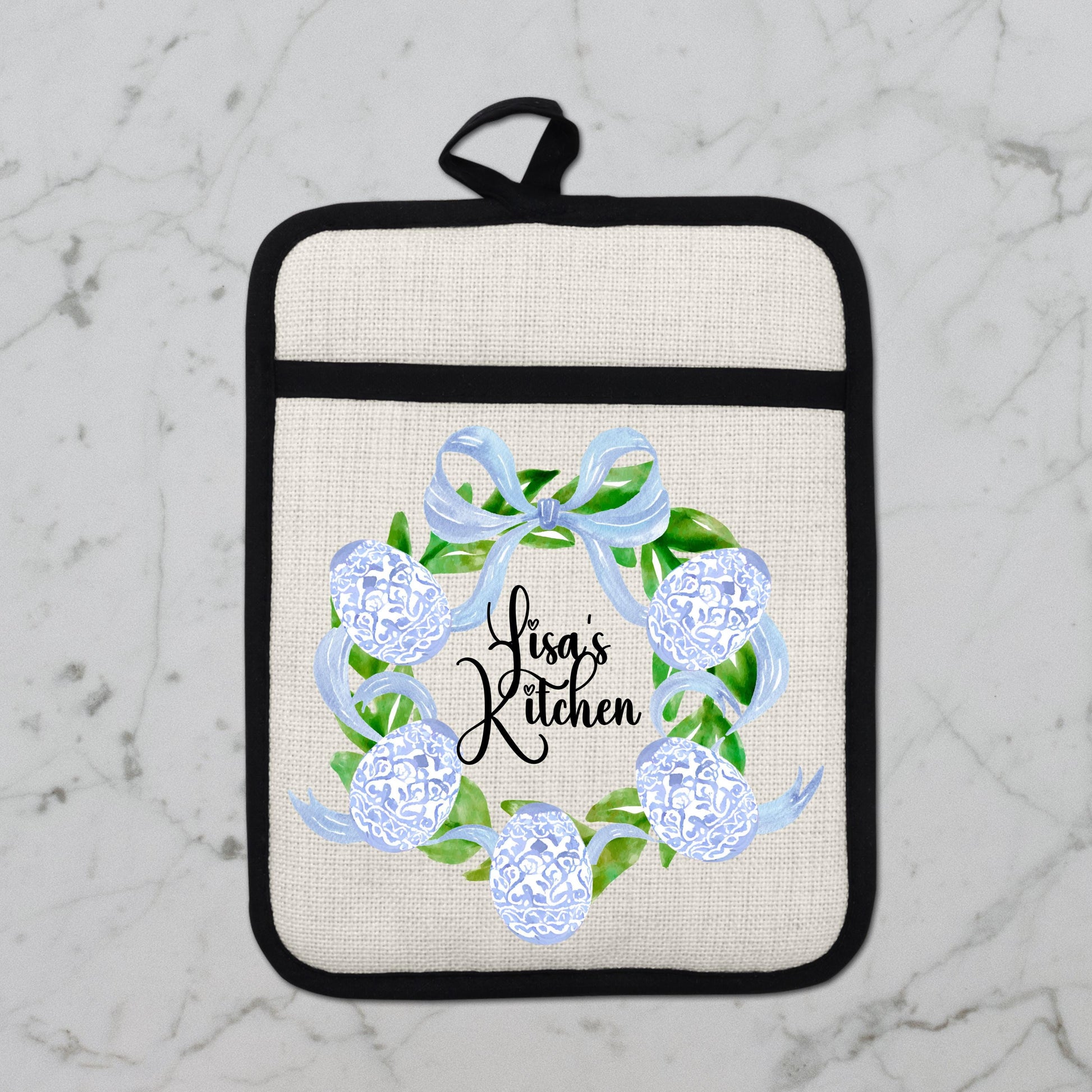 Personalized Easter Wreath | Non-Slip Pot Holder, Blue & White Chinoiserie Style Decor Gift - additional product photo 10