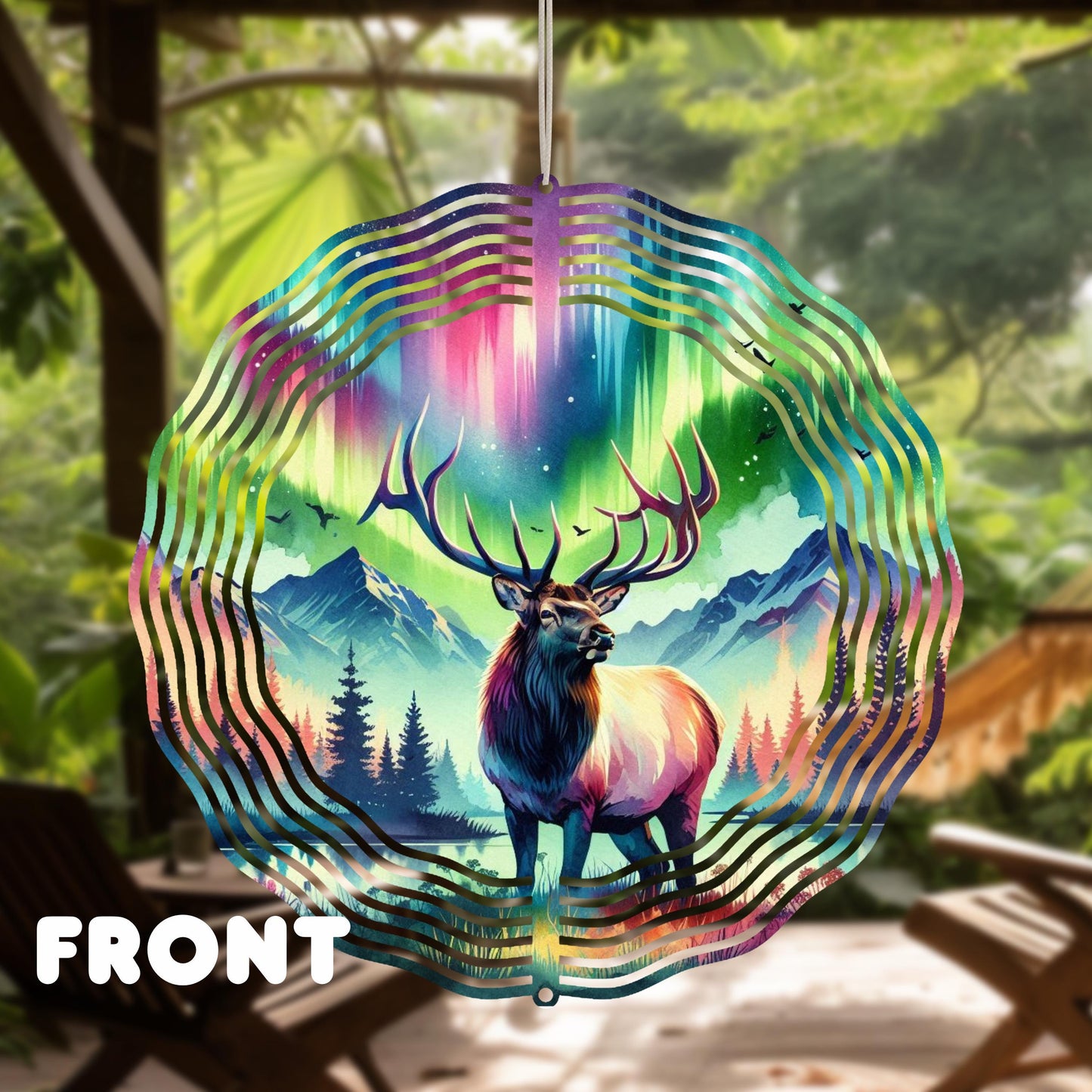 Elk Wind Spinner - 10x10 Double-Sided Outdoor Art with Watercolor Northern Lights Design