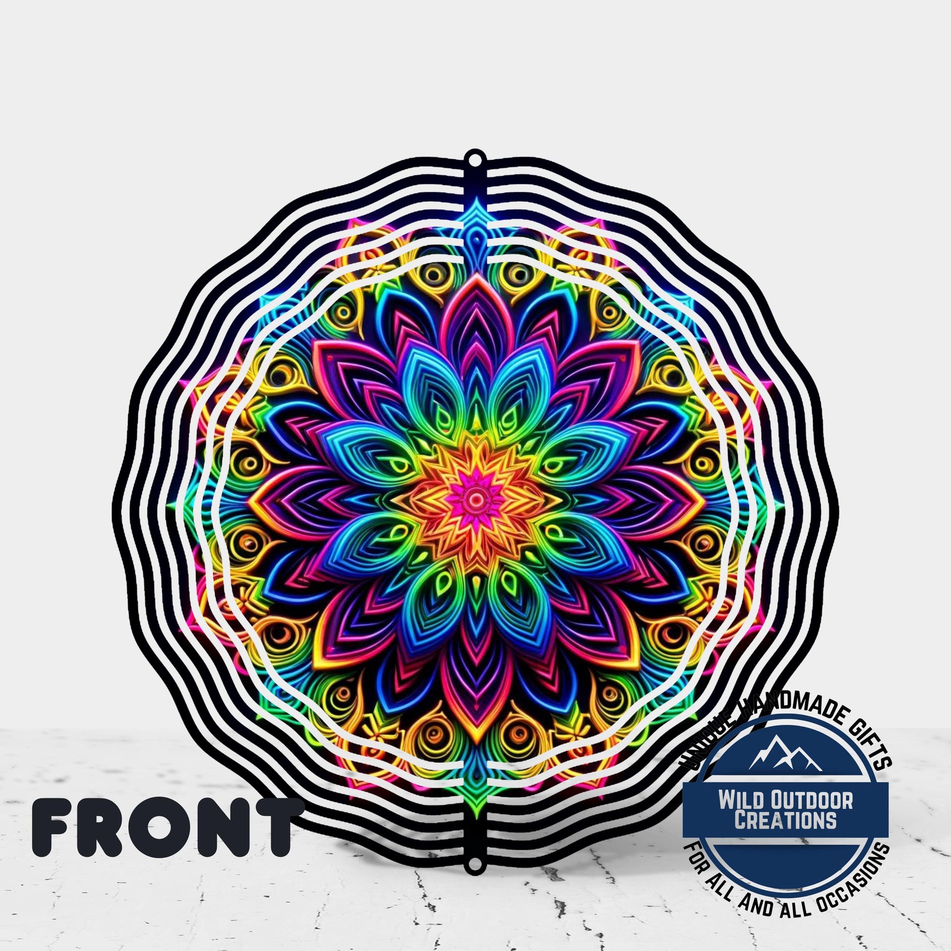 Neon Rainbow Wind Spinner – 10 Inch Mandala Double-Sided Aluminum Yard Art