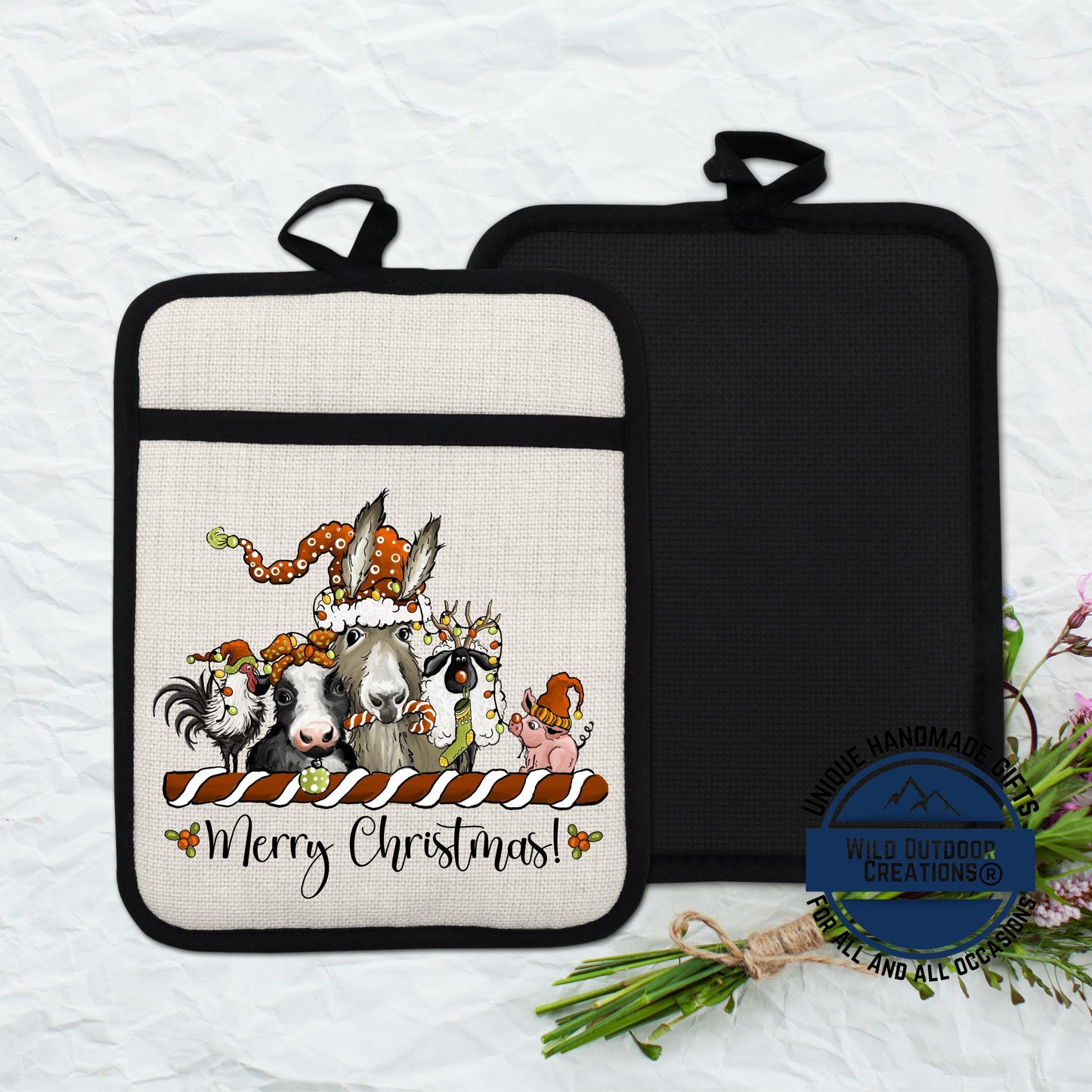 Christmas Farm Animal Pot Holder Linen Hot Pad Donkey Cow Pig Kitchen Gift