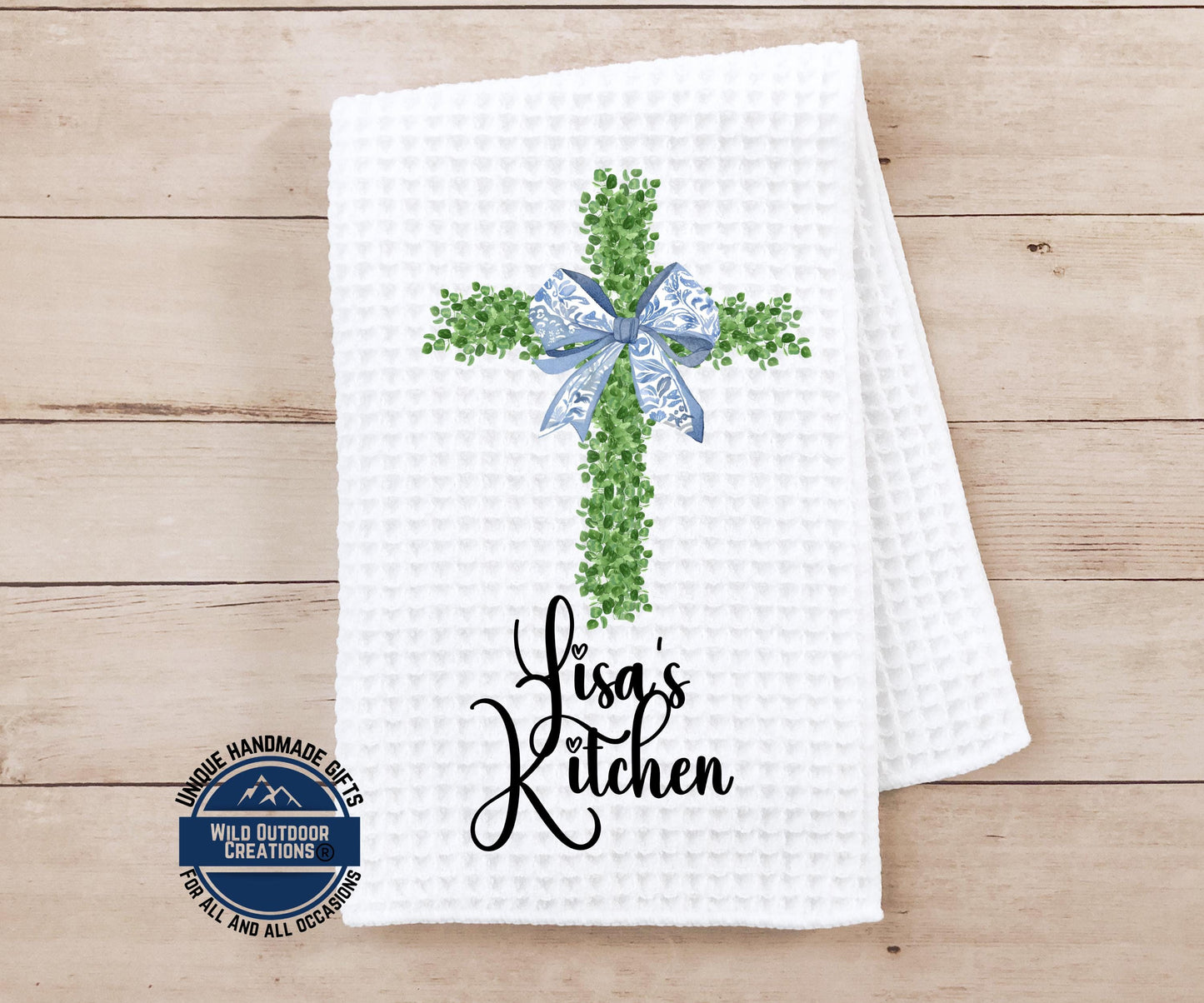 Personalized Kitchen Towel - Custom Name Cross Waffle Weave Easter Gift - additional angle