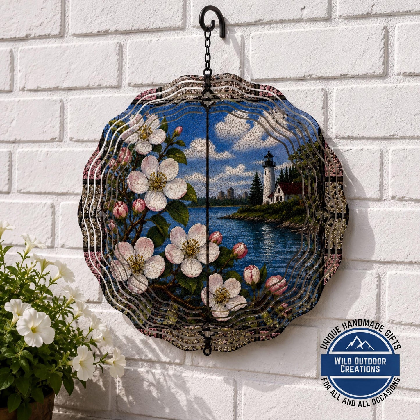 Michigan State Flower Apple Blossom Wind Spinner Stained Glass Look Lighthouse Decor 10 Inch