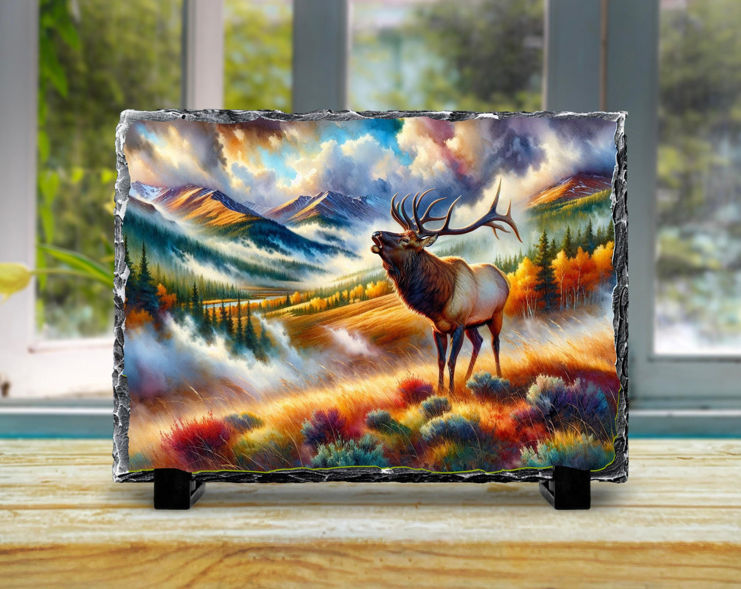 Bugling Elk Slate Plaque - Autumn Mountain Scene Wildlife Art for Rustic Cabin Decor