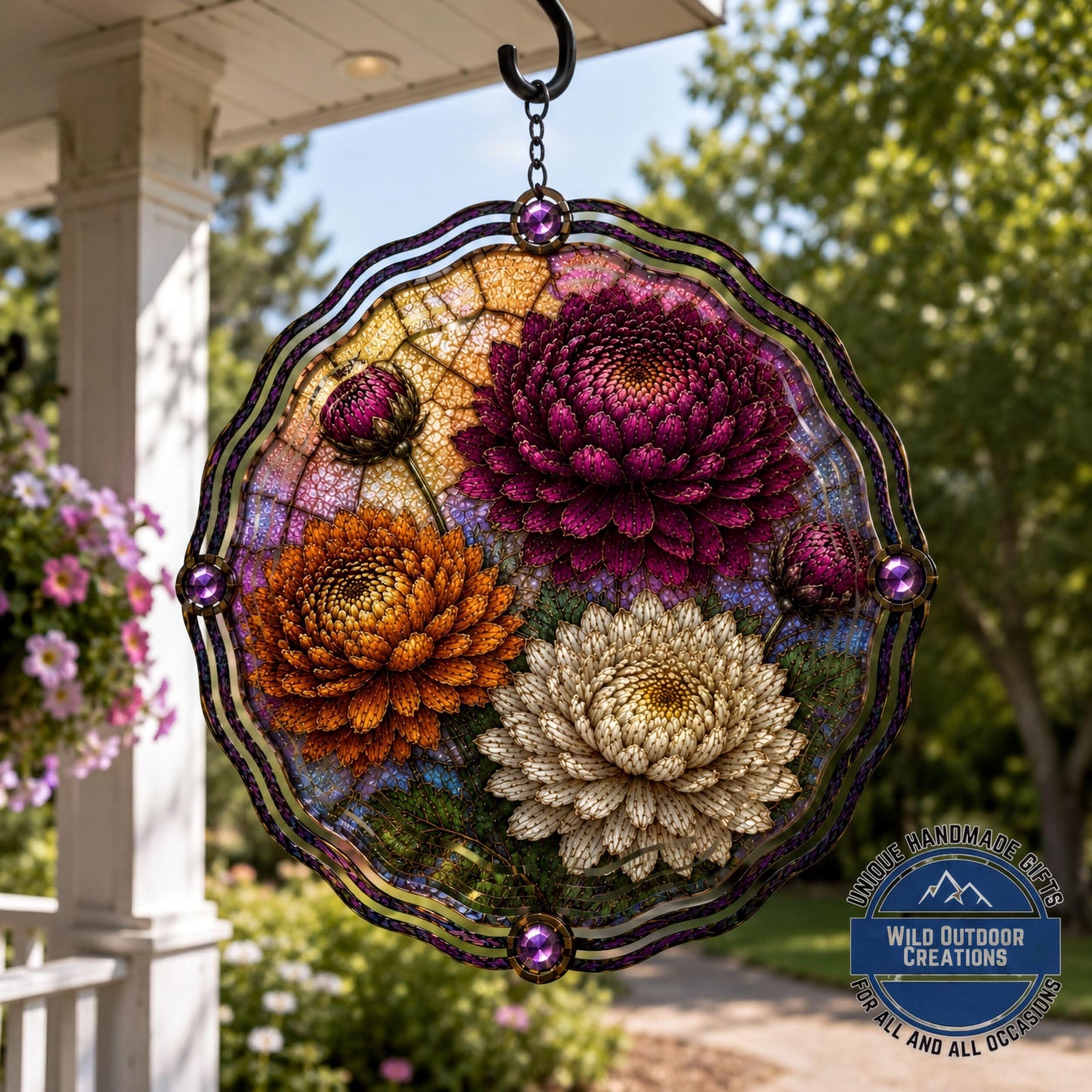 November Birth Flower Wind Spinner Chrysanthemum Faux Stained Glass Garden Gift Yard Art