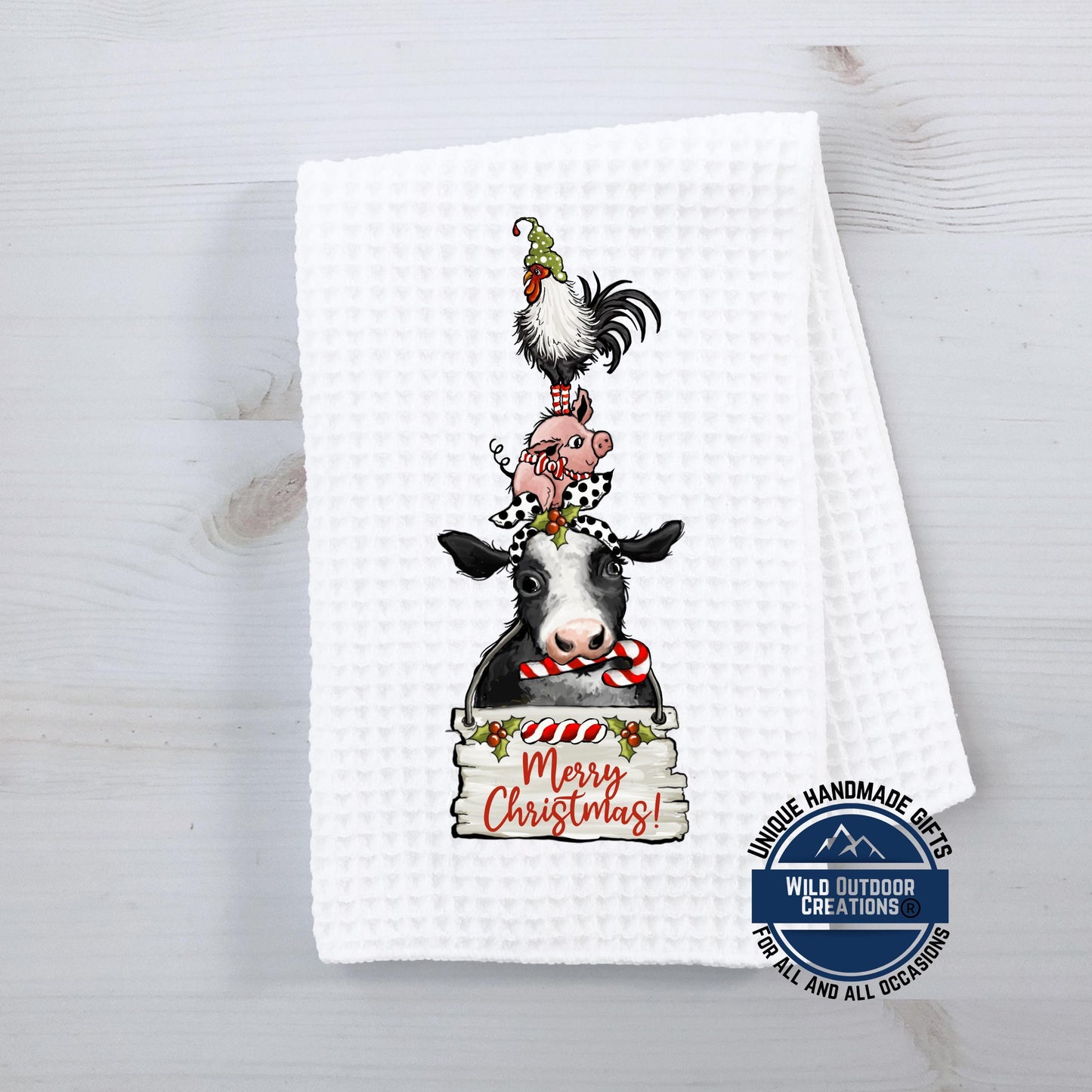 Stacked Farm Animals Merry Christmas Kitchen Towel Cow Pig Rooster Farmhouse Decor Gift