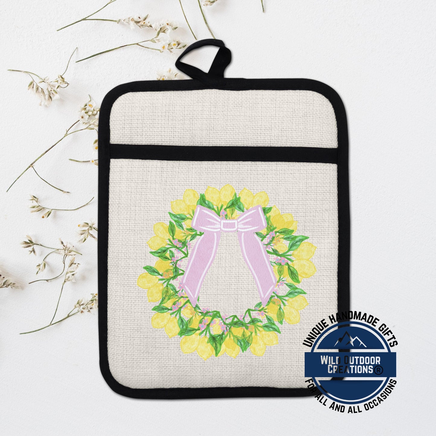 Lemon Wreath Pot Holder - Non Slip Potholder With Pocket | Floral Kitchen Gift - lifestyle view