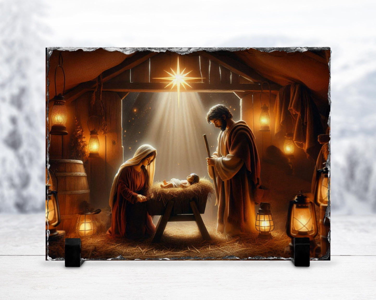 Religious Slate Wall Art - Mary  Jesus Nativity Scene with Fractured Edges - Unique Christmas Home Decor Gift