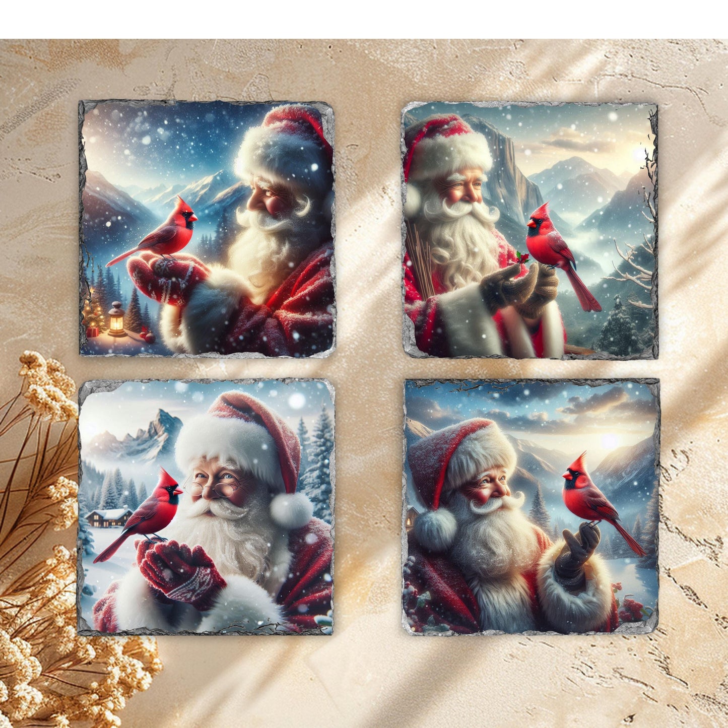 Slate Coaster Set with Santa  Cardinal Winter Scene - Fractured Edged Coasters for Holiday Decor  Gifting