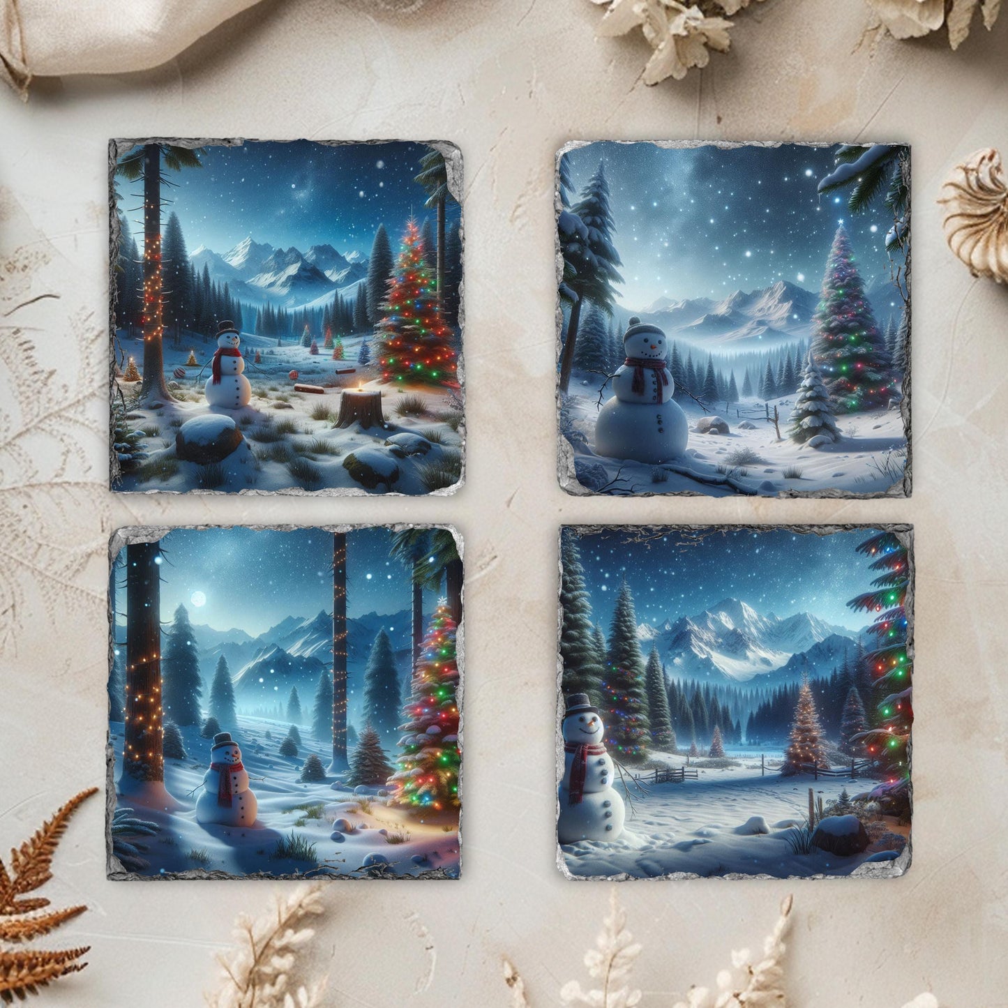 Slate Coaster Set with Festive Snowman  Mountain Scene - 4 Sublimation Coasters and Black Storage Rack for Winter Decor Gift