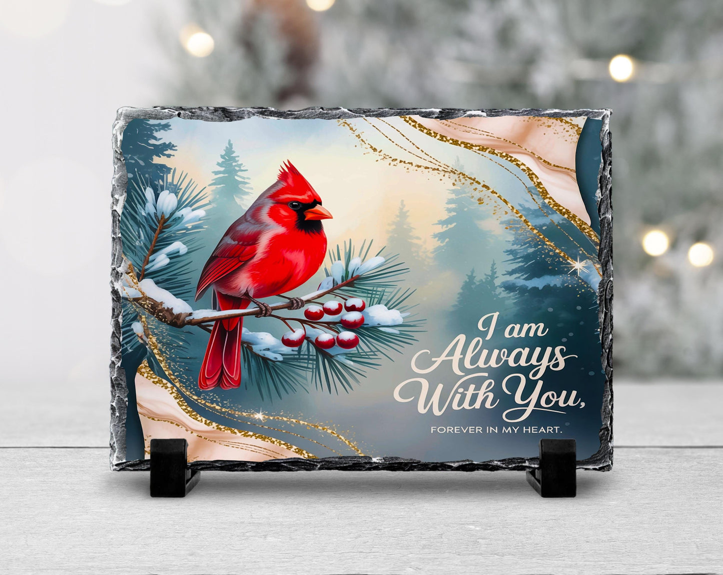 Red Cardinal Slate Plaque with Fractured Edges Holly and Heartfelt Quote