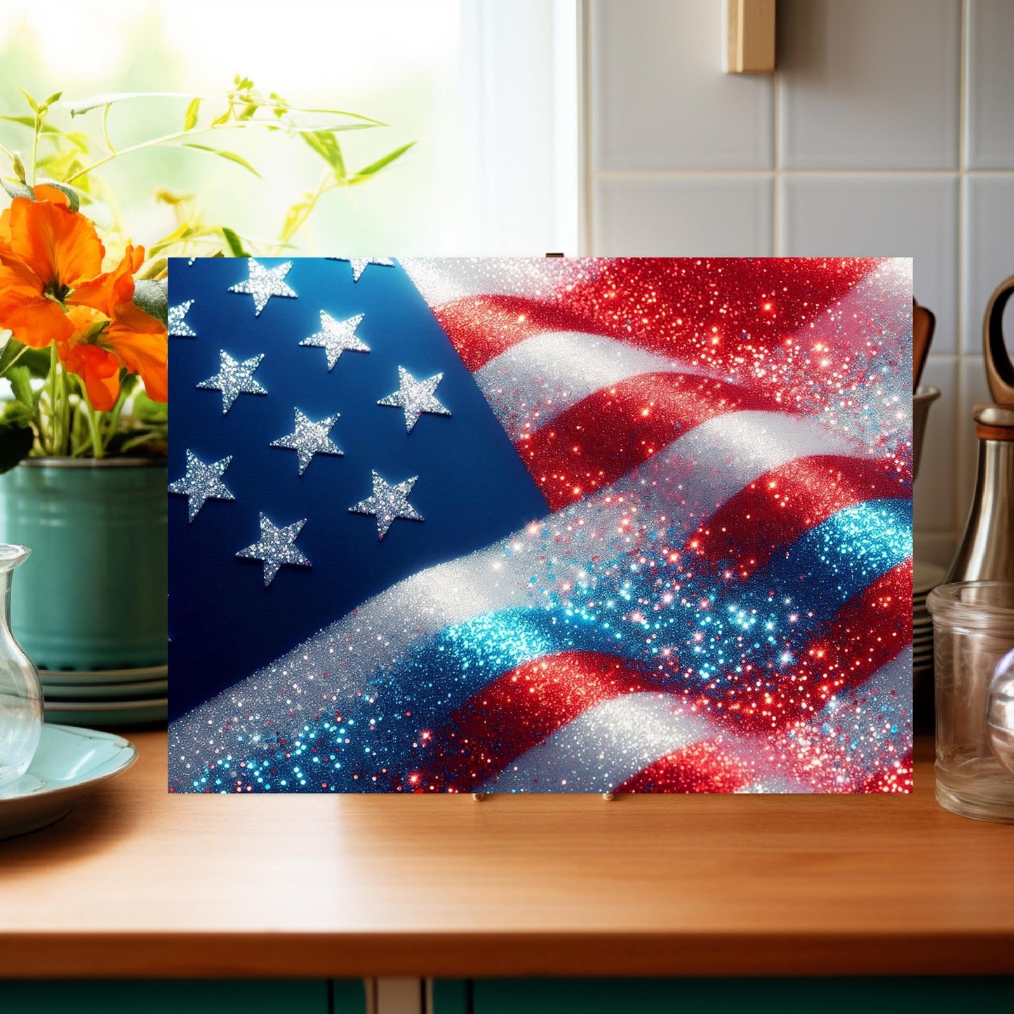 Patriotic Faux Glitter Cutting Board, Large Kitchen Glass Board, Hostess Housewarming Gift, Functional Art, Countertop Decor, Culinary Decor