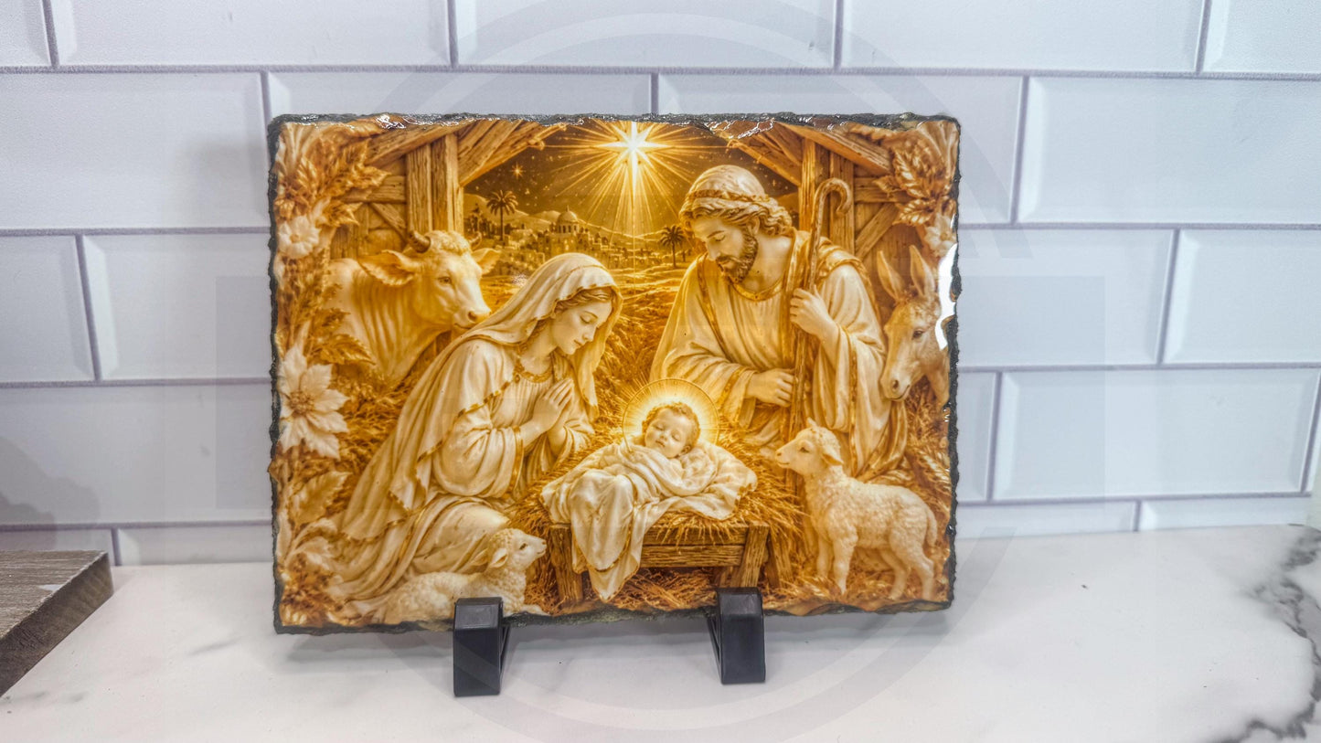 Nativity Scene Slate Plaque, Christmas Religious Wall Art, Rustic Rock Decor Gift