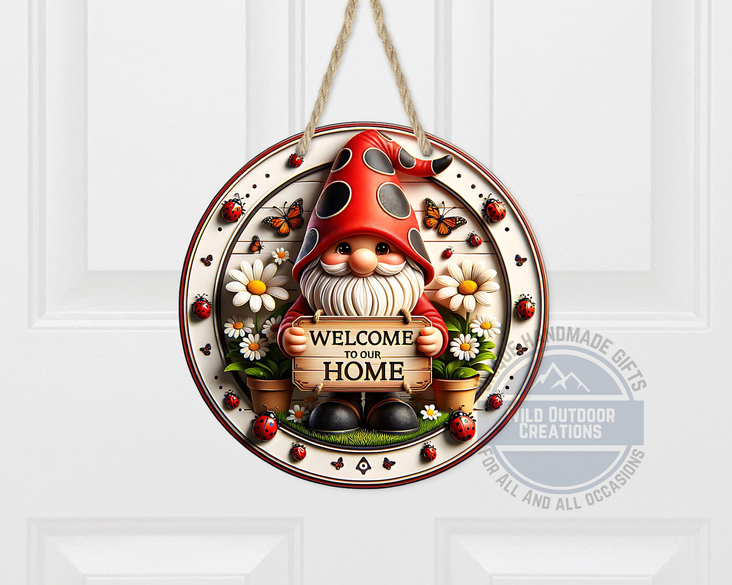 Welcome Gnome Door Hanger - Red Hat Gnome with Daisy & Ladybug Accents