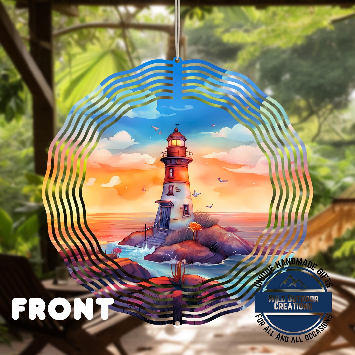 Watercolor Lighthouse Wind Spinner – Coastal Patio Decor with 360 Degree Swivel