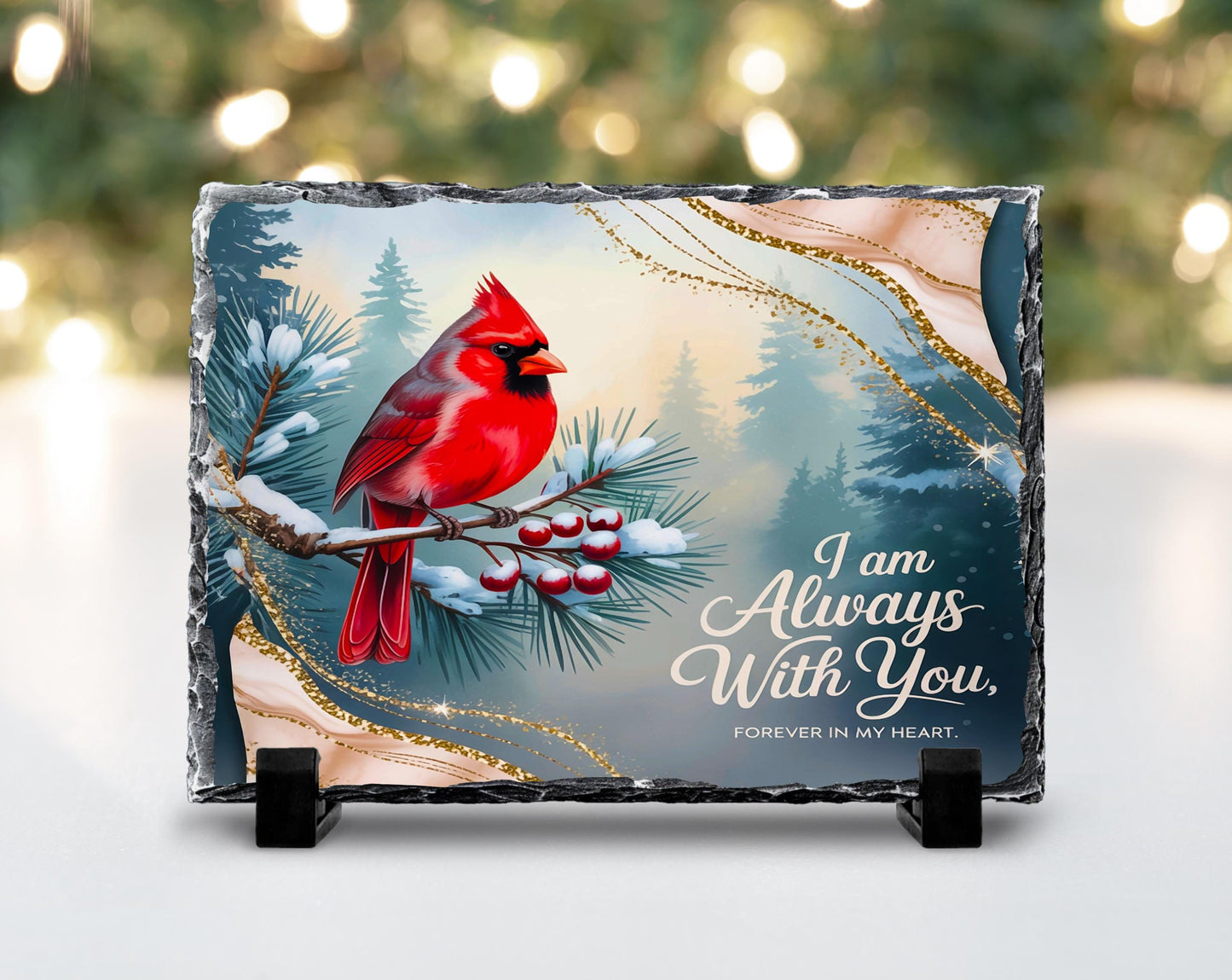 Red Cardinal Slate Plaque with Fractured Edges Holly and Heartfelt Quote