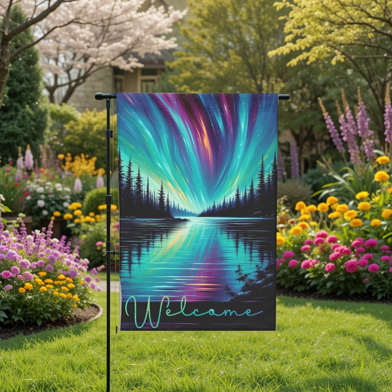 Northern Lights Garden Flag - Aurora Borealis Lake Reflection Outdoor Yard Decor - product dimensions and specifications