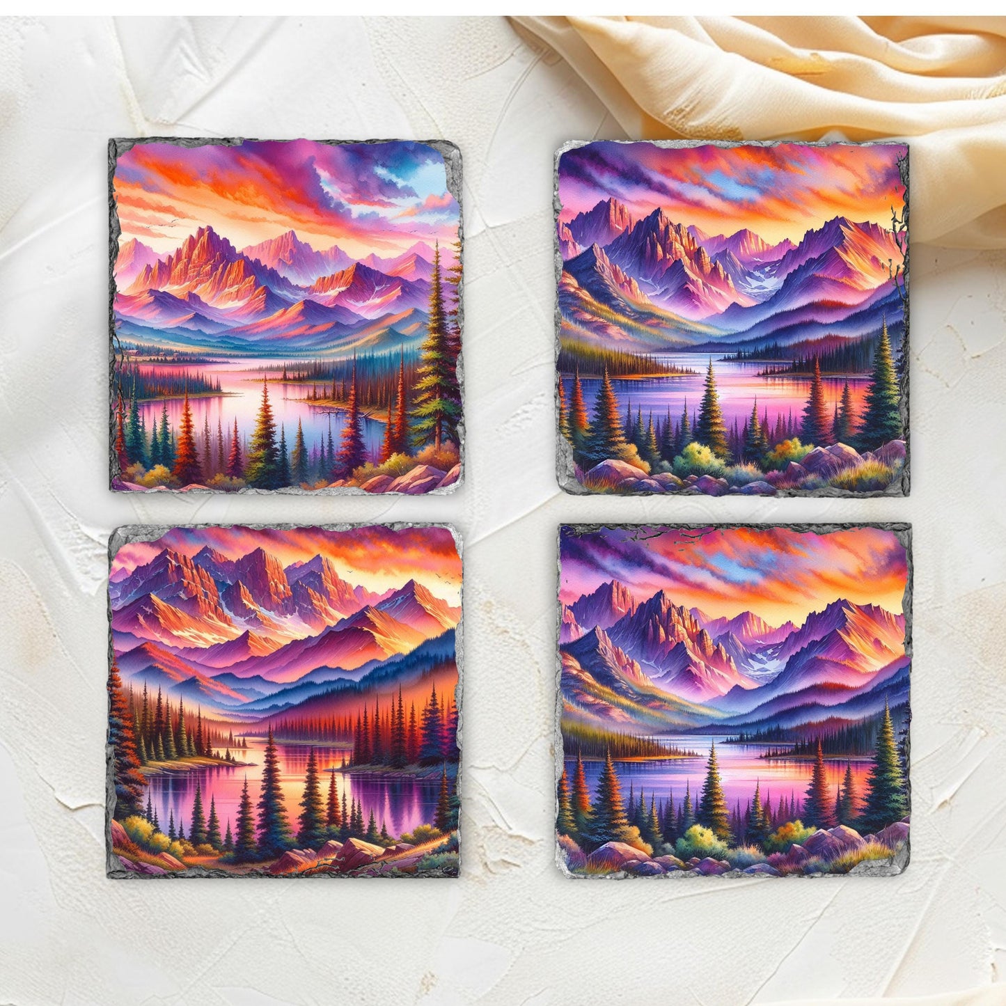 Slate Coaster Set with Vibrant Sunset Mountain Lake Images  Fractured Edges Perfect Gift for Nature Lovers