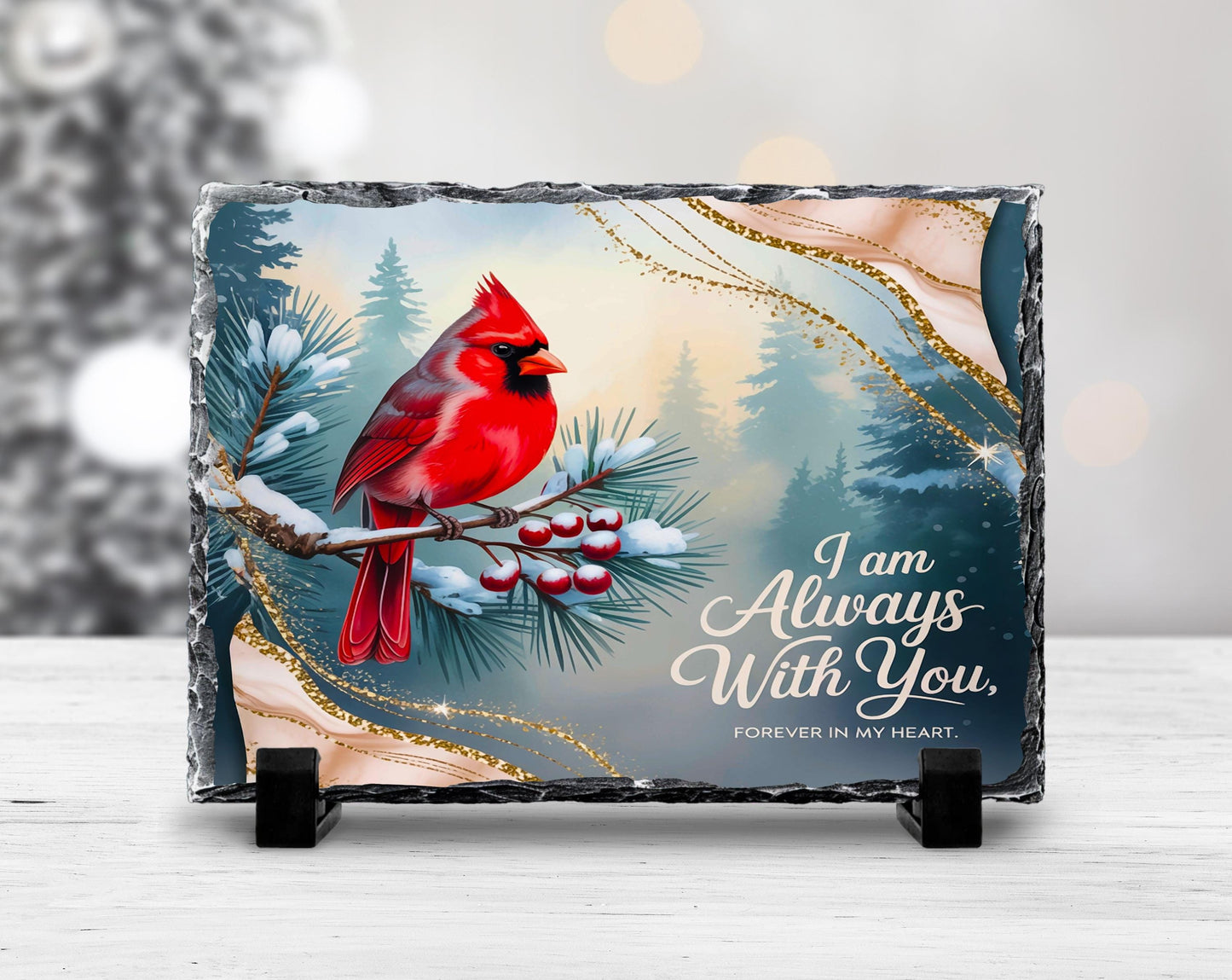 Red Cardinal Slate Plaque with Fractured Edges Holly and Heartfelt Quote