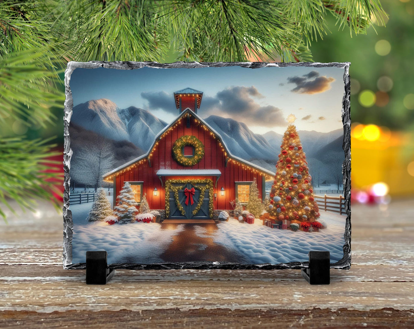 Rustic Slate Wall Art - Snowy Barn and Tree Farmhouse Christmas Decor Gift