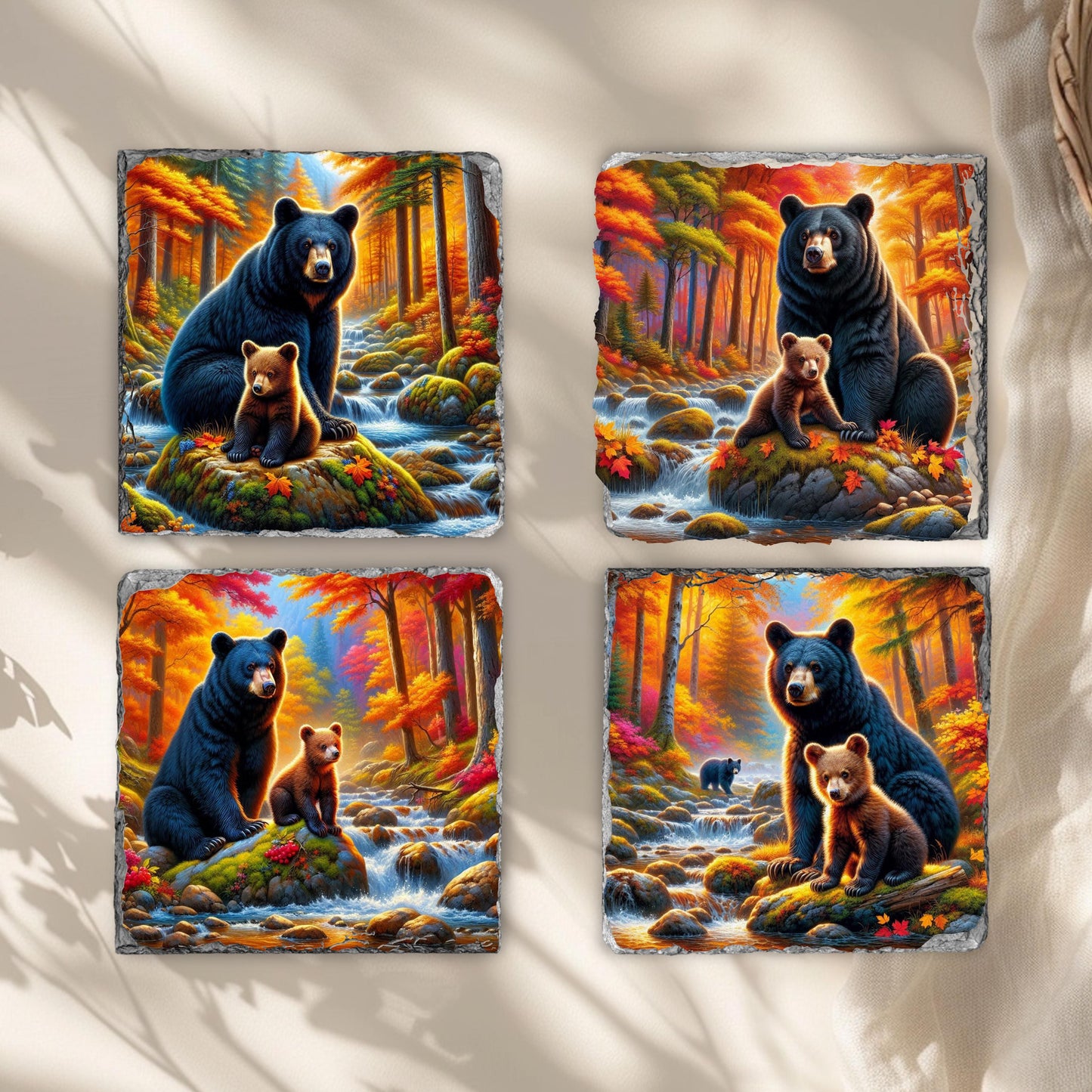 Fractured Edge Slate Coaster Set with Bear and Cub Fall River Scene - Ideal Gift for Nature Lovers