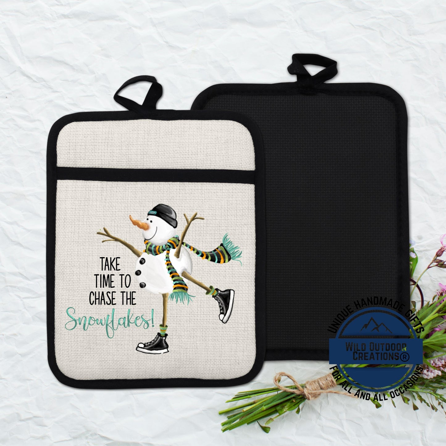 Snowman Pot Holder Winter Linen Hot Pad Ice Skating Kitchen Gift Decor