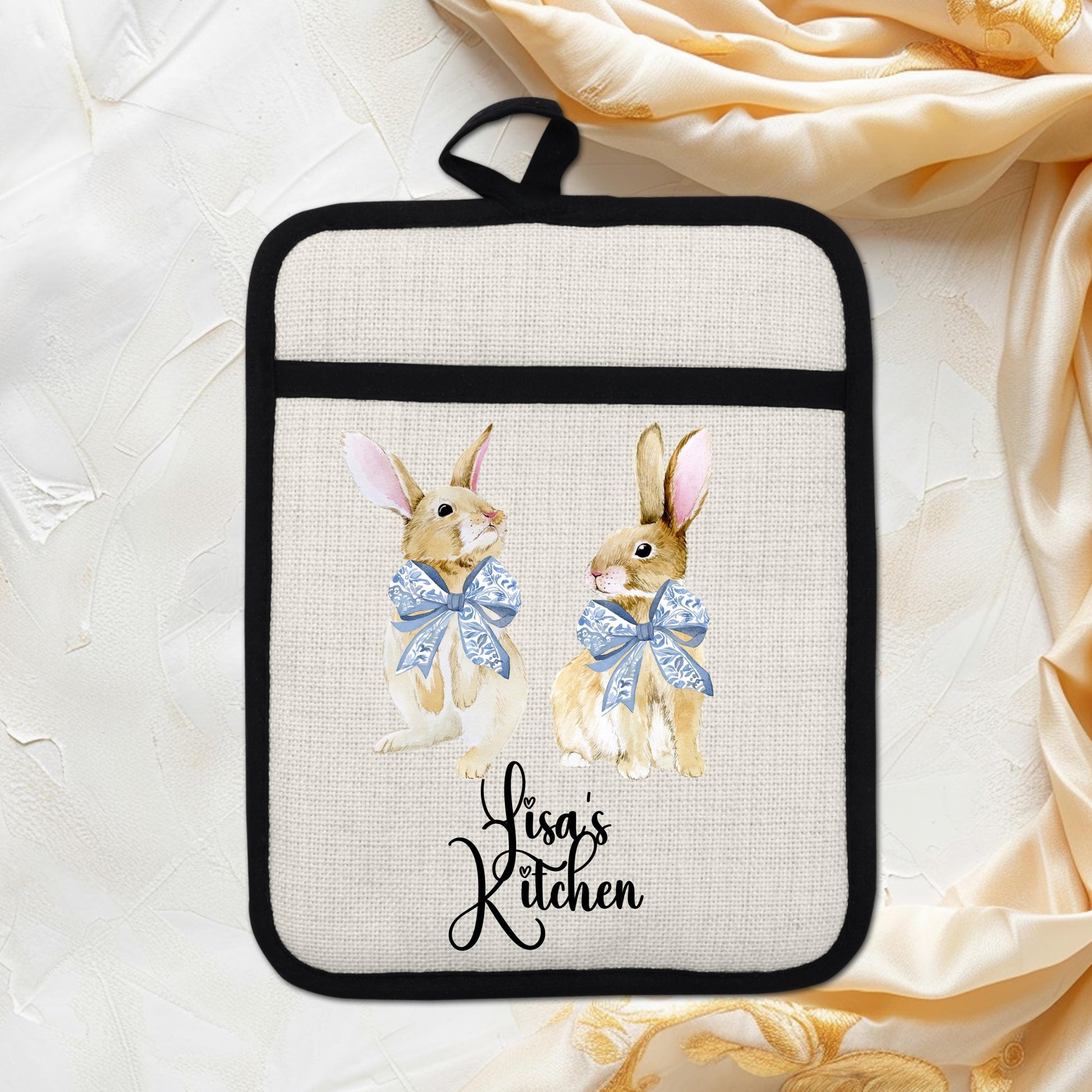 Personalized Easter Pot Holder - Custom Bunny Kitchen Gift with Chinoiserie Blue Design - additional angle