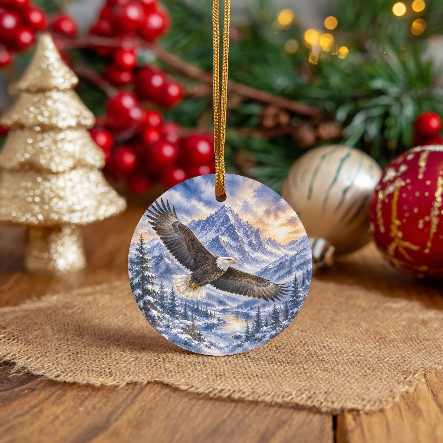 Bald Eagle Ornament, Watercolor Mountains, 3 Inch Ceramic Round