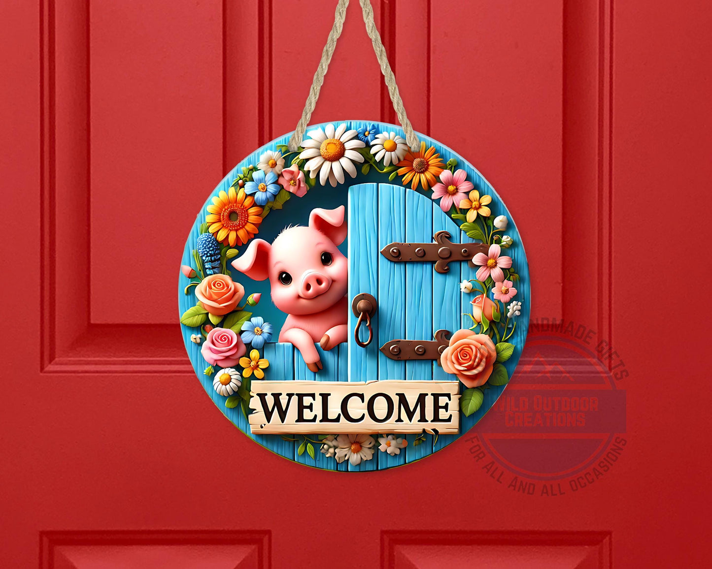 Pig Door Hanger – Farmhouse Welcome Sign | Floral Blue Wood Aluminum Decor