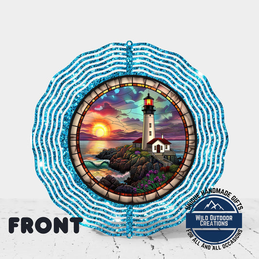 Lighthouse Wind Spinner - Double Sided Coastal Yard Art with 360 Swivel Hook