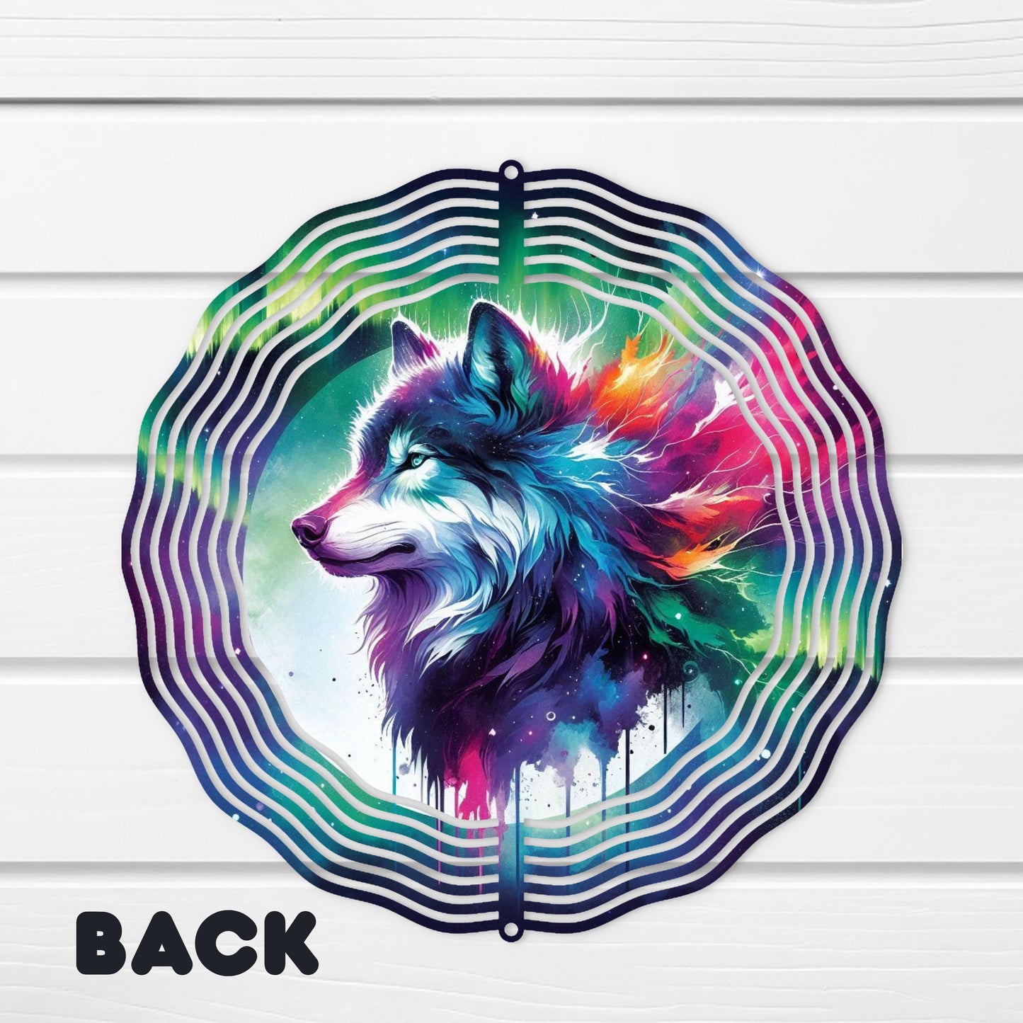 Double-Sided Wolf Profile Wind Spinner with Northern Lights Mountain Scene - Outdoor Art 10x10