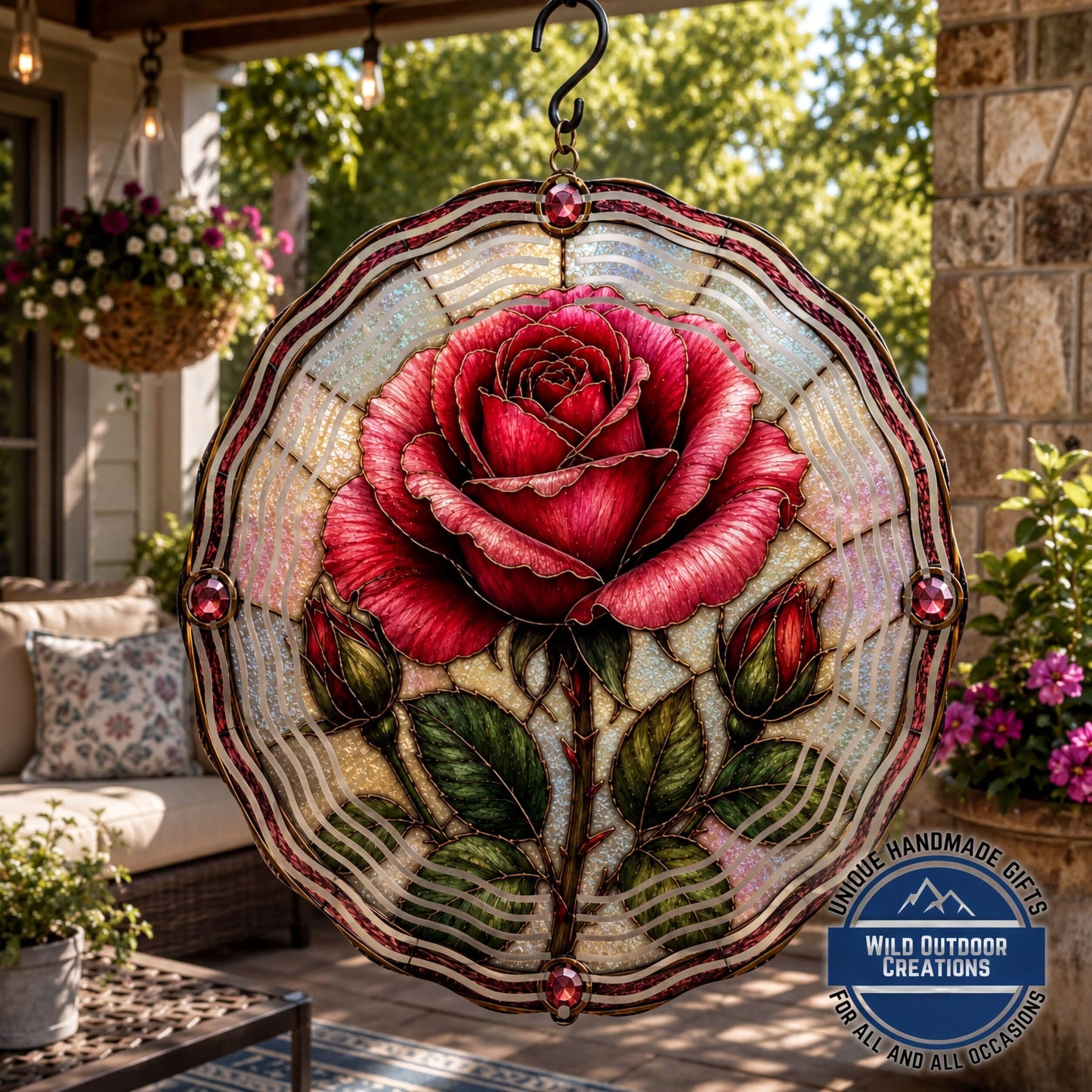 June Birth Flower Rose Wind Spinner 10 Inch Faux Stained Glass Metal Garden Decor