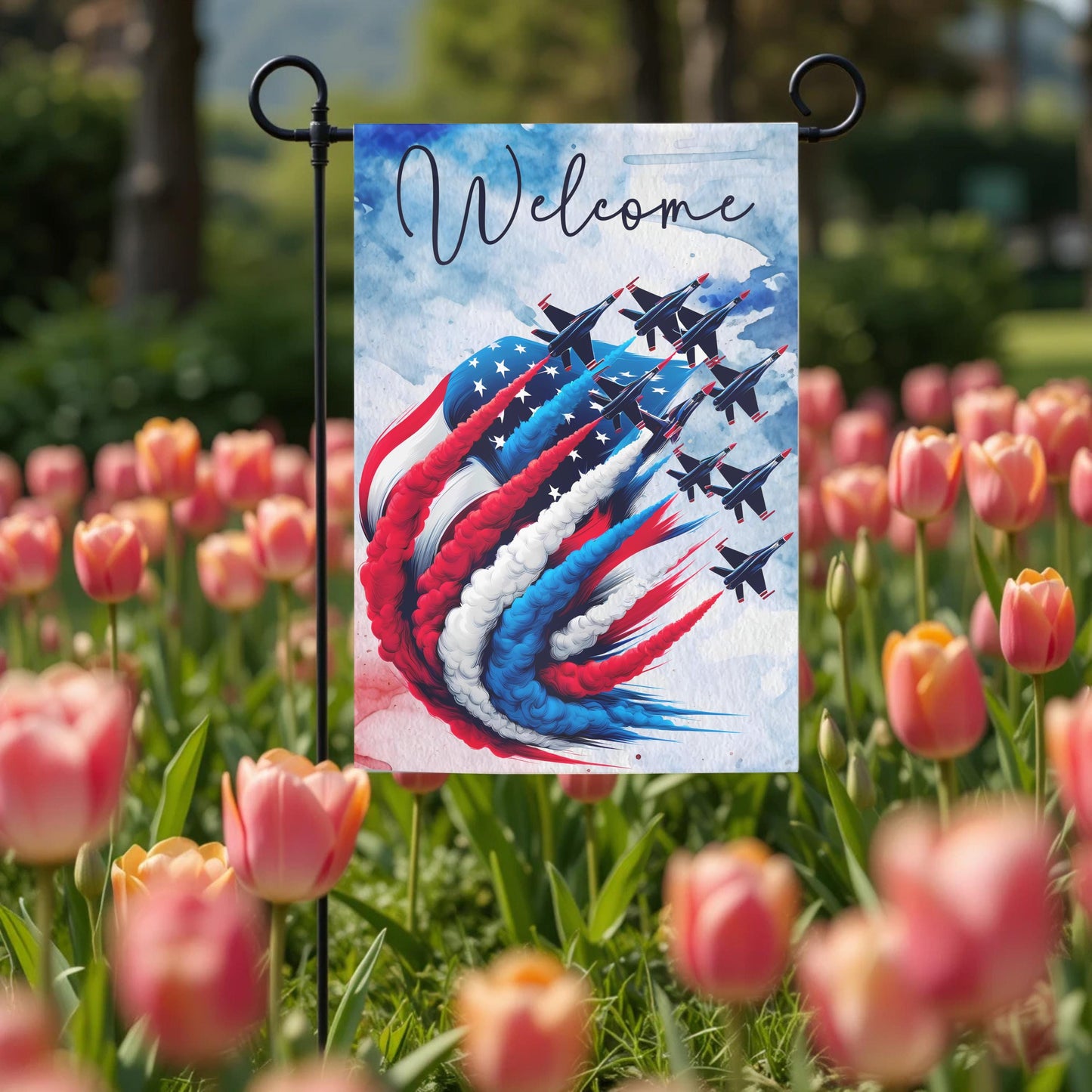 Patriotic Garden Flag - Double Sided 12x18 Red White Blue Fighter Jet Design - outdoor setting