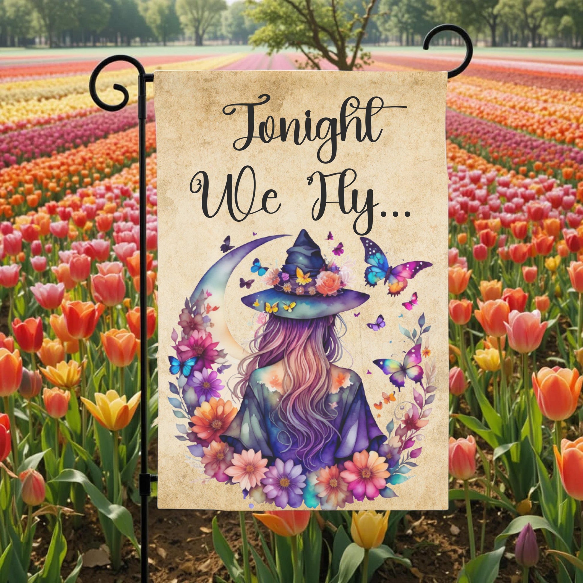 Witch Garden Flag – Floral Butterfly Moon | Boho Halloween Yard Decor 12x18 - full product view