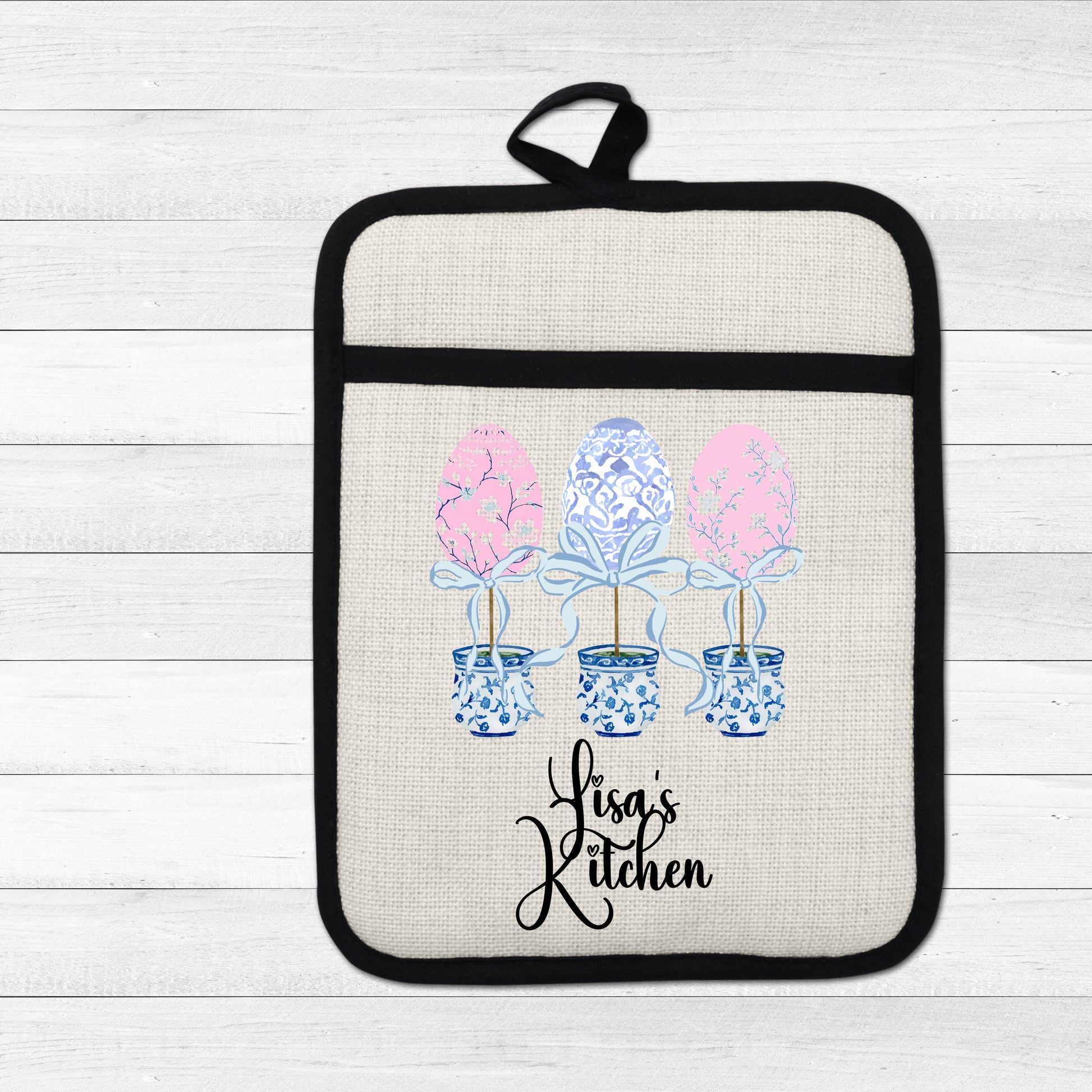 Personalized Easter Pot Holder – Custom Linen Kitchen Gift with Chinoiserie Eggs - gift presentation view