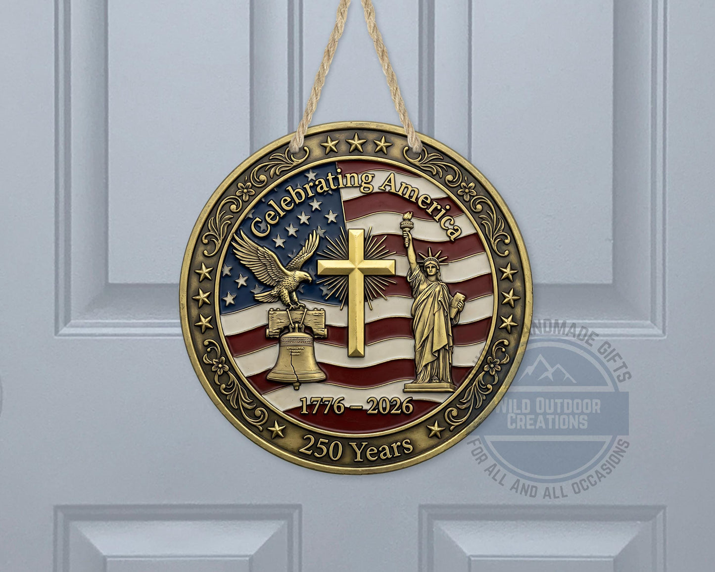 Patriotic Door Decor - America 250 Years Aluminum Door Sign 10" USA Hanger