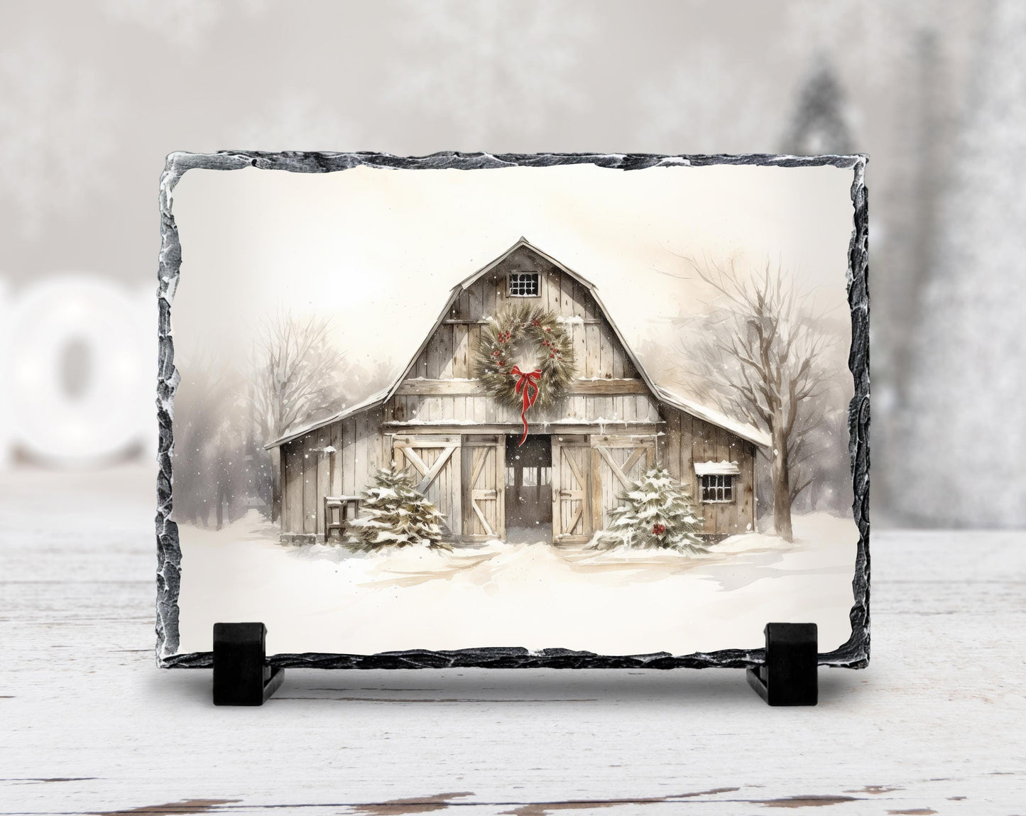 Rustic Christmas Slate Plaque with Barn Scene Wreath  Snow  Perfect Holiday Decor Gift