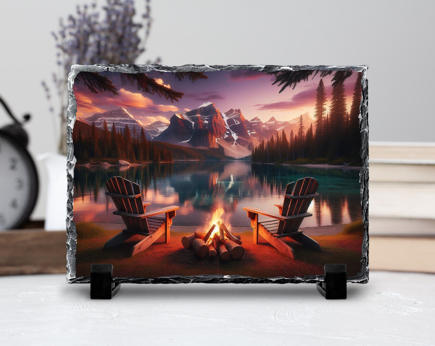 Campfire Slate Plaque – Rustic Stone Decor | Mountain Lake Art & Cozy Cabin Gift