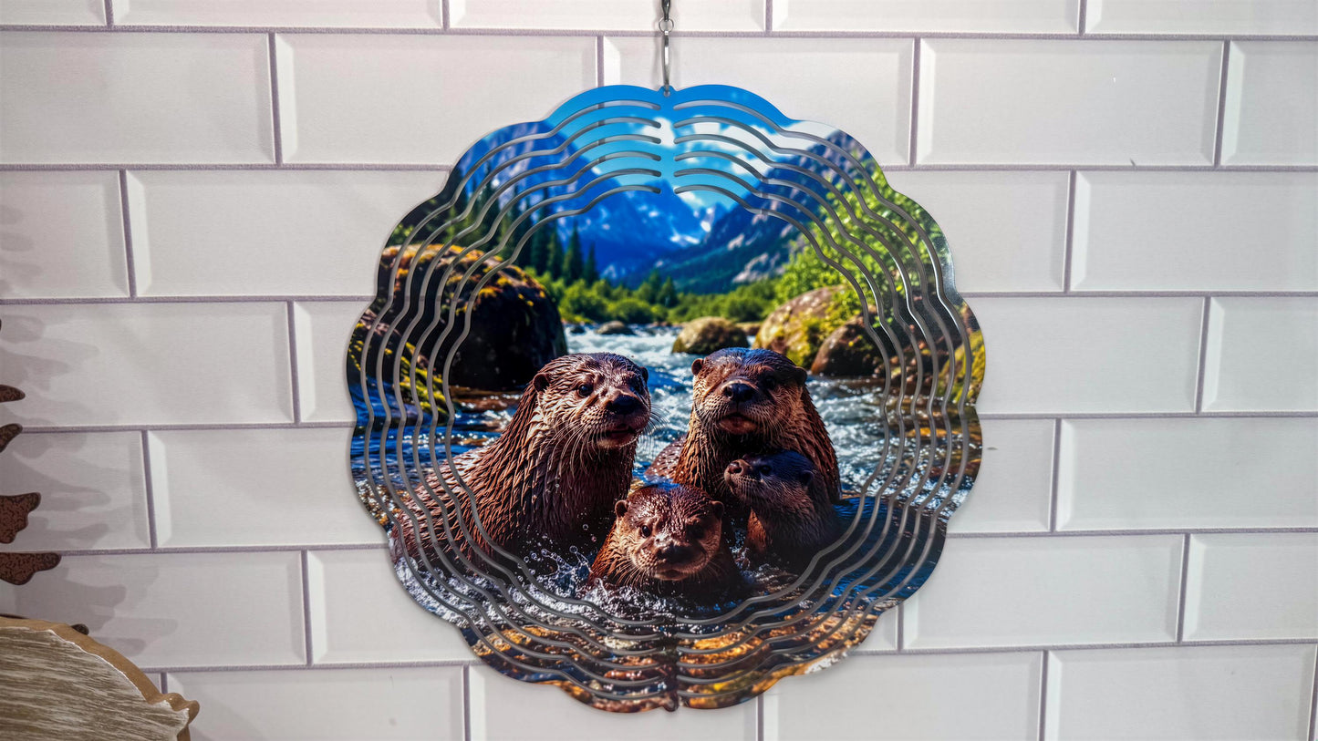 Family Otter 10 Inch Wind Spinner, Wildlife Porch Decor - 360 Swivel | Indoor Outdoor Accent