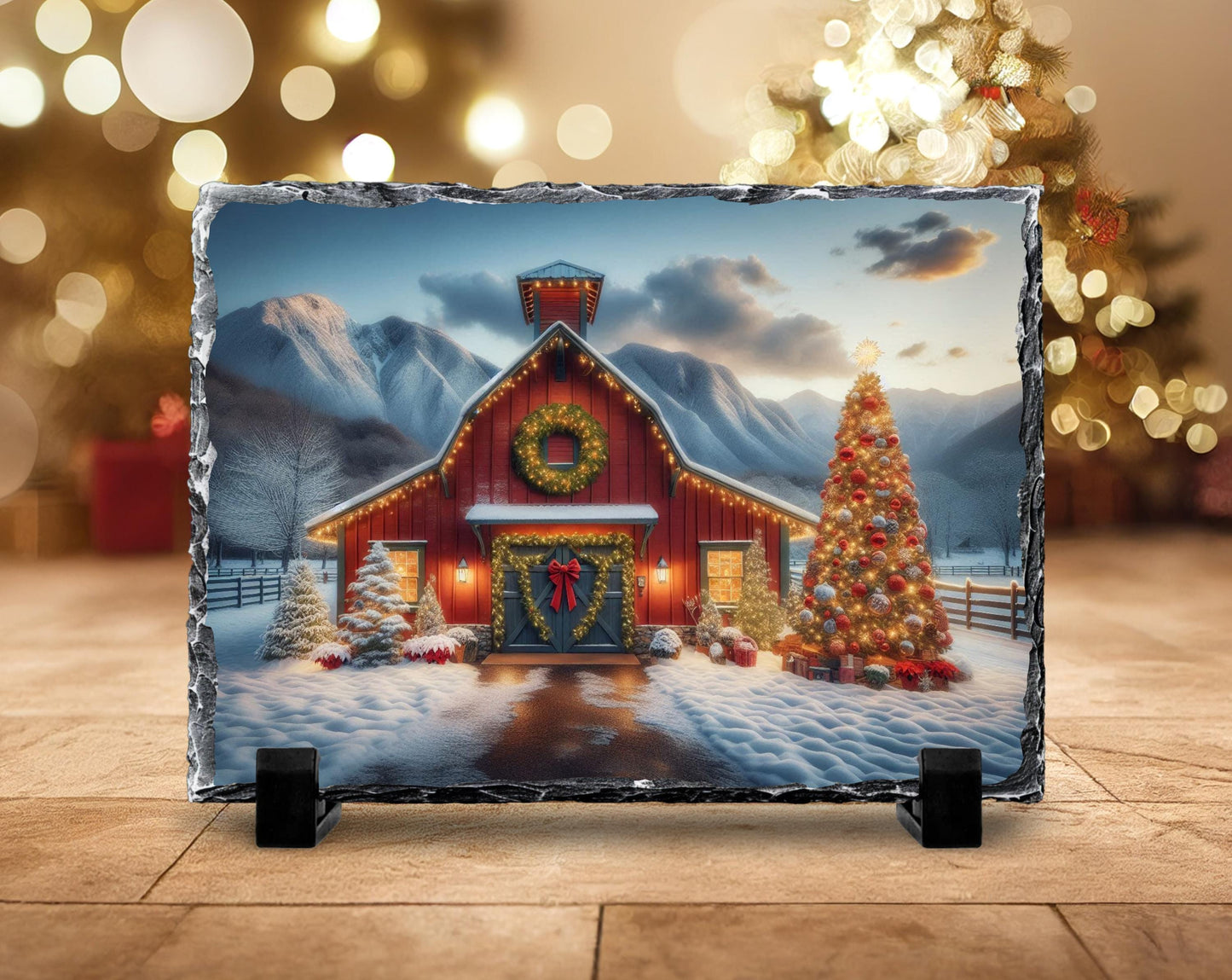 Rustic Slate Wall Art - Snowy Barn and Tree Farmhouse Christmas Decor Gift